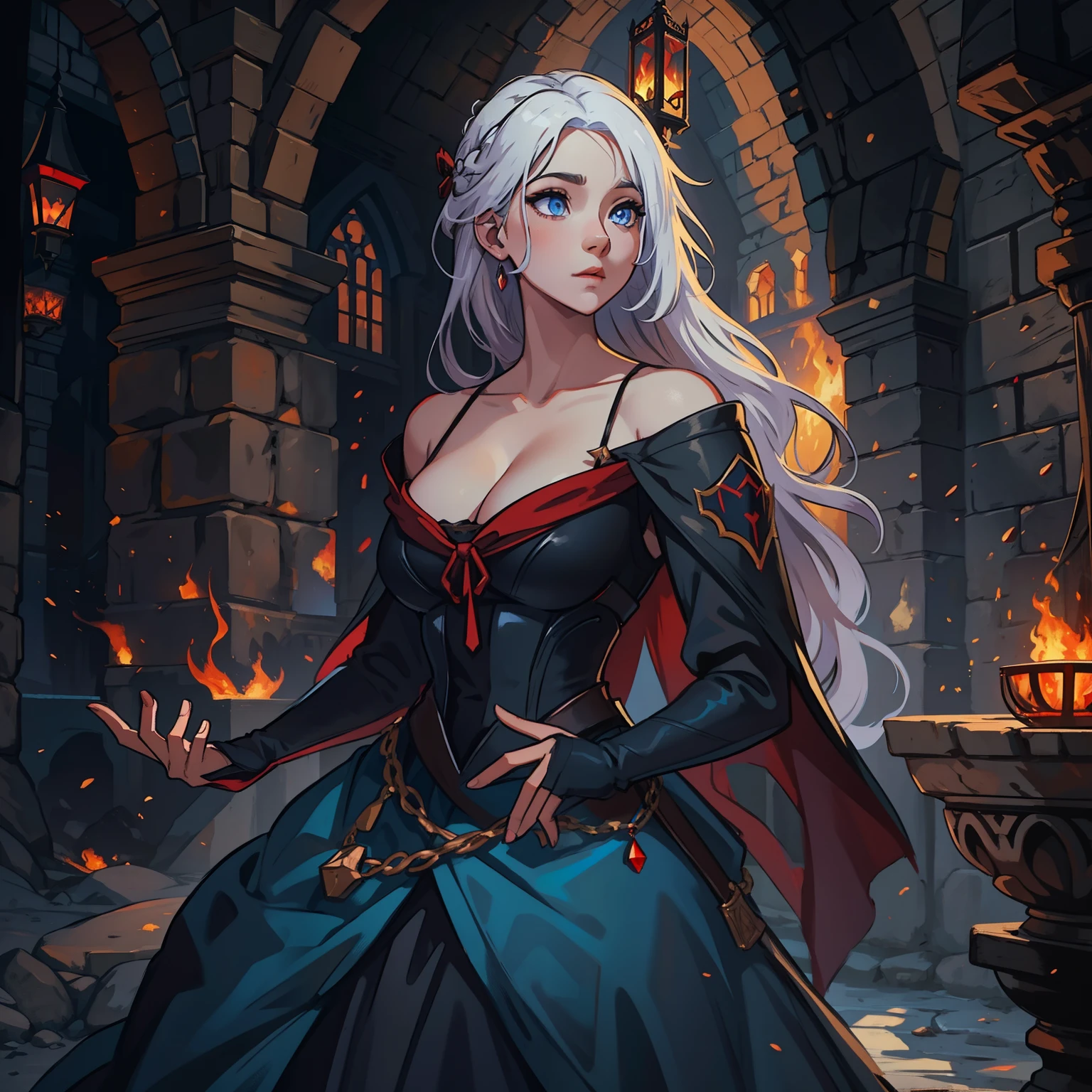 A beautiful woman with white hair and blue eyes, she is wearing a gorgeous princess dress, a black and red dress in a dark, medieval rocky castle with black walls, she is the princess of a kingdom and is in a shadowy castle, the dark castle has dark colors and little light, a castle with dark warm colors and fire in a medieval art, rpg, illustration, rpg medieval art, art