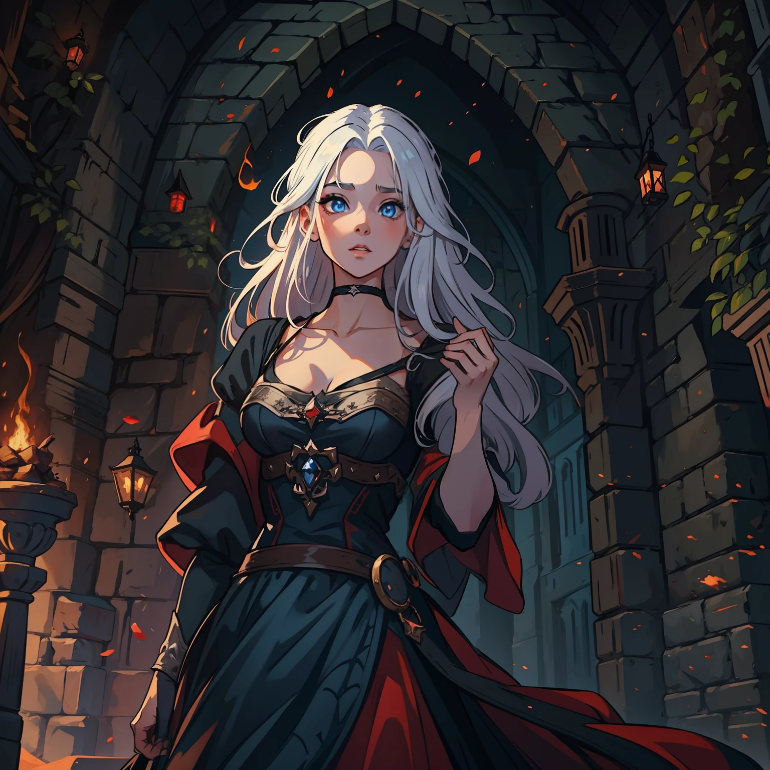 A beautiful woman with white hair and blue eyes, she is wearing a gorgeous princess dress, a black and red dress in a dark, medieval rocky castle with black walls, she is the princess of a kingdom and is in a shadowy castle, the dark castle has dark colors and little light, a castle with dark warm colors and fire in a medieval art, rpg, illustration, rpg medieval art, art
