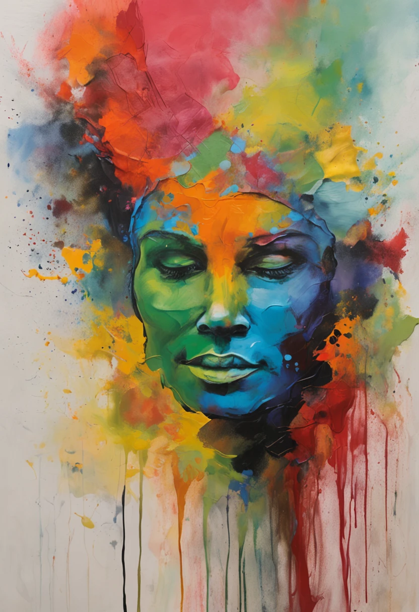 retrato do busto de uma jovem bonita contra um fundo espirrado com tintas de diversas cores, aventura divertida, arte da capa, 插圖, solo