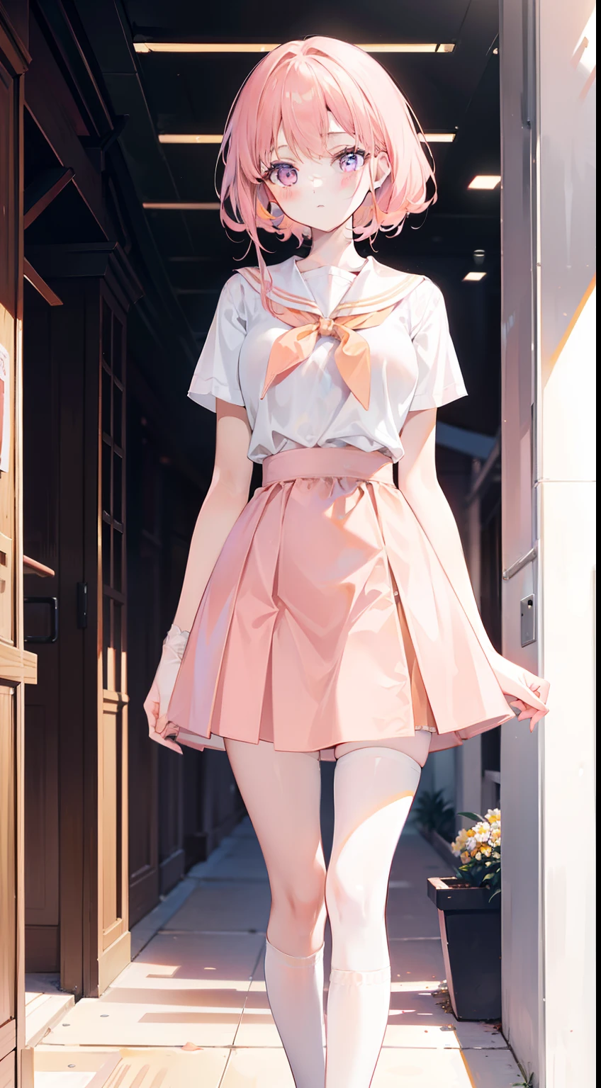 Apricot hair color,Light pink eyes,Apricot pink school top,Tall and tall,Pale pink straight skirt,White stockings,A sweet girl