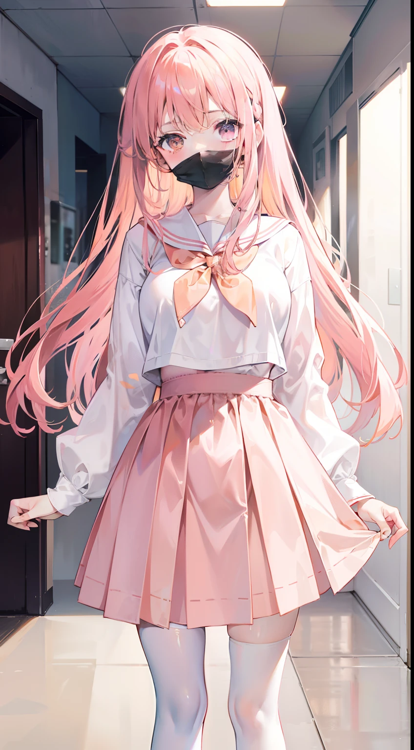 Apricot hair color,Light pink eyes,Apricot pink school top,Tall and tall,Pale pink straight skirt,White stockings,A sweet girl