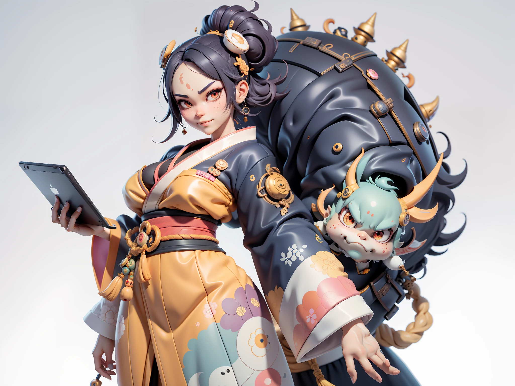 (Daisaku),(Need),(Super meticulous),(full bodyesbian:1.2),Japanese ukiyo-e girl,japanese geisha,Beautiful,Oriental dragon,Aeolian Thor,Raised sexy,爆乳,Oriental face,TV Anchor,Bust portrait illustration,Alone,In black suit,a blue tie,The face is slightly chubby,The face was clean,without a beard,Black super short hair,Black eyes,Smile confidently,3C computer sub-products,iPad, iphone,Digital painting,3D character design by Mark Clairen and Pixar and Hayao Miyazaki and Akira Toriyama,The illustration is a high-definition illustration in 4K resolution,With very detailed facial features and cartoon-style visuals。