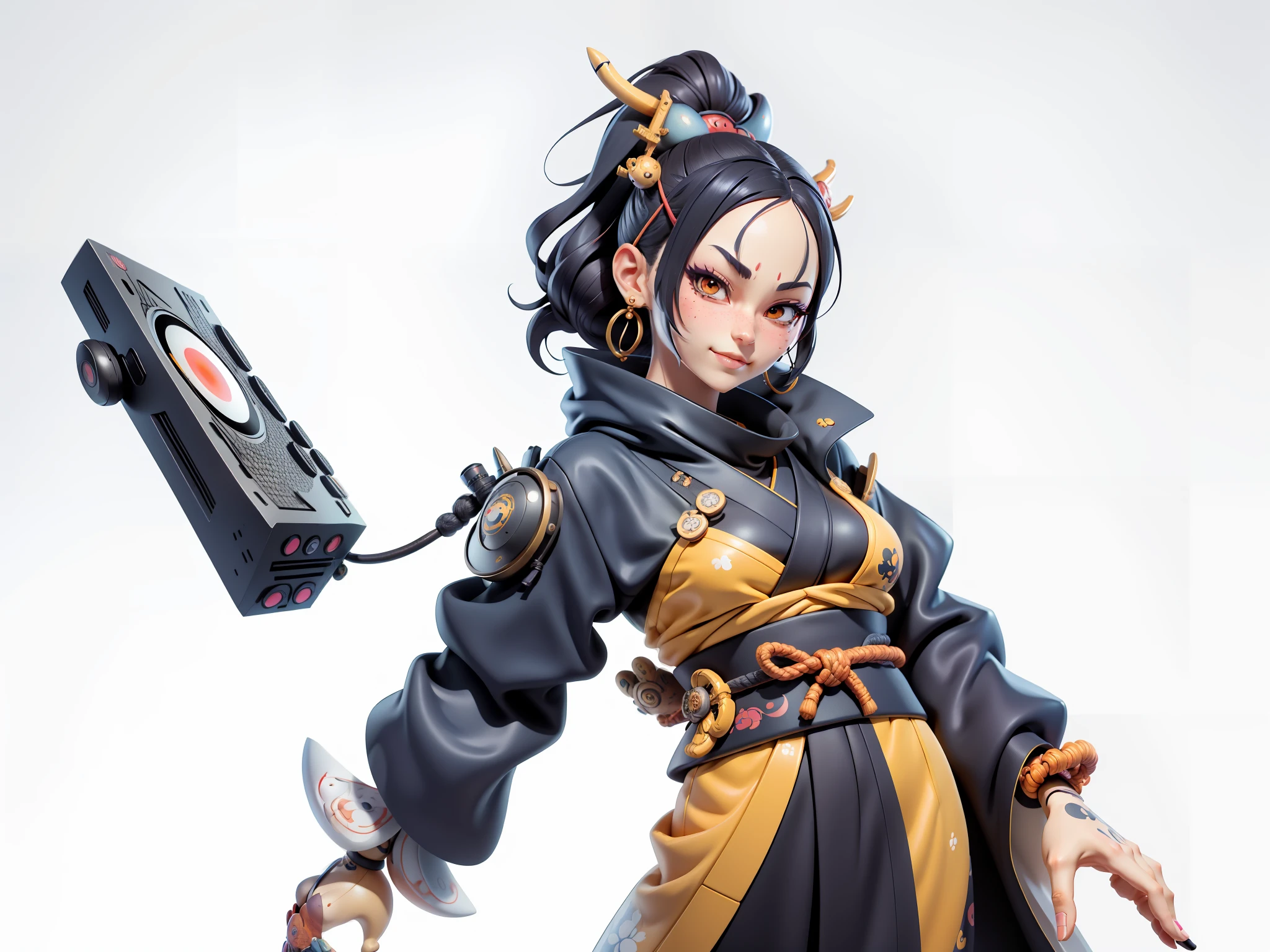 (Daisaku),(Need),(Super meticulous),(full bodyesbian:1.2),Japanese ukiyo-e girl，japanese geisha，Beautiful，Oriental dragon，Aeolian Thor，Raised sexy，爆乳，Oriental face，TV Anchor，Bust portrait illustration，Alone，In black suit，a blue tie，The face is slightly chubby，The face was clean，without a beard，Black super short hair，Black eyes，Smile confidently，3C computer sub-products，iPad， iphone，Digital painting，3D character design by Mark Clairen and Pixar and Hayao Miyazaki and Akira Toriyama，The illustration is a high-definition illustration in 4K resolution，With very detailed facial features and cartoon-style visuals。