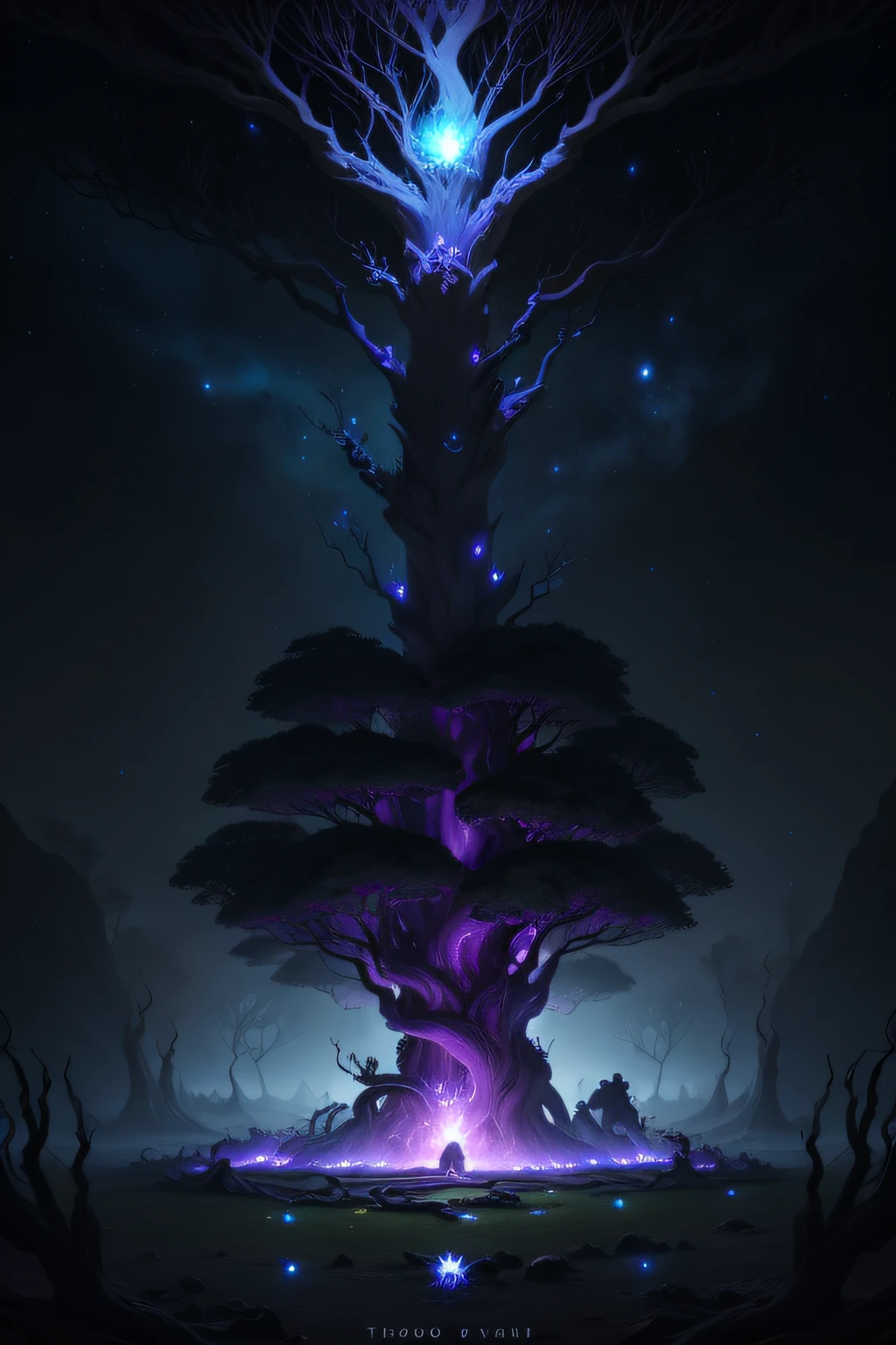 In the depths of the universe,The trunk of a large twisted and strange banyan tree is covered with human faces,The branches shattered, and the void pierced countless Cthuri monsters in the sky,The roots of the tree suppress the heavens and stars,Video rendering,Cthouri monster,kosmos,stars,The void is shattered,black hole