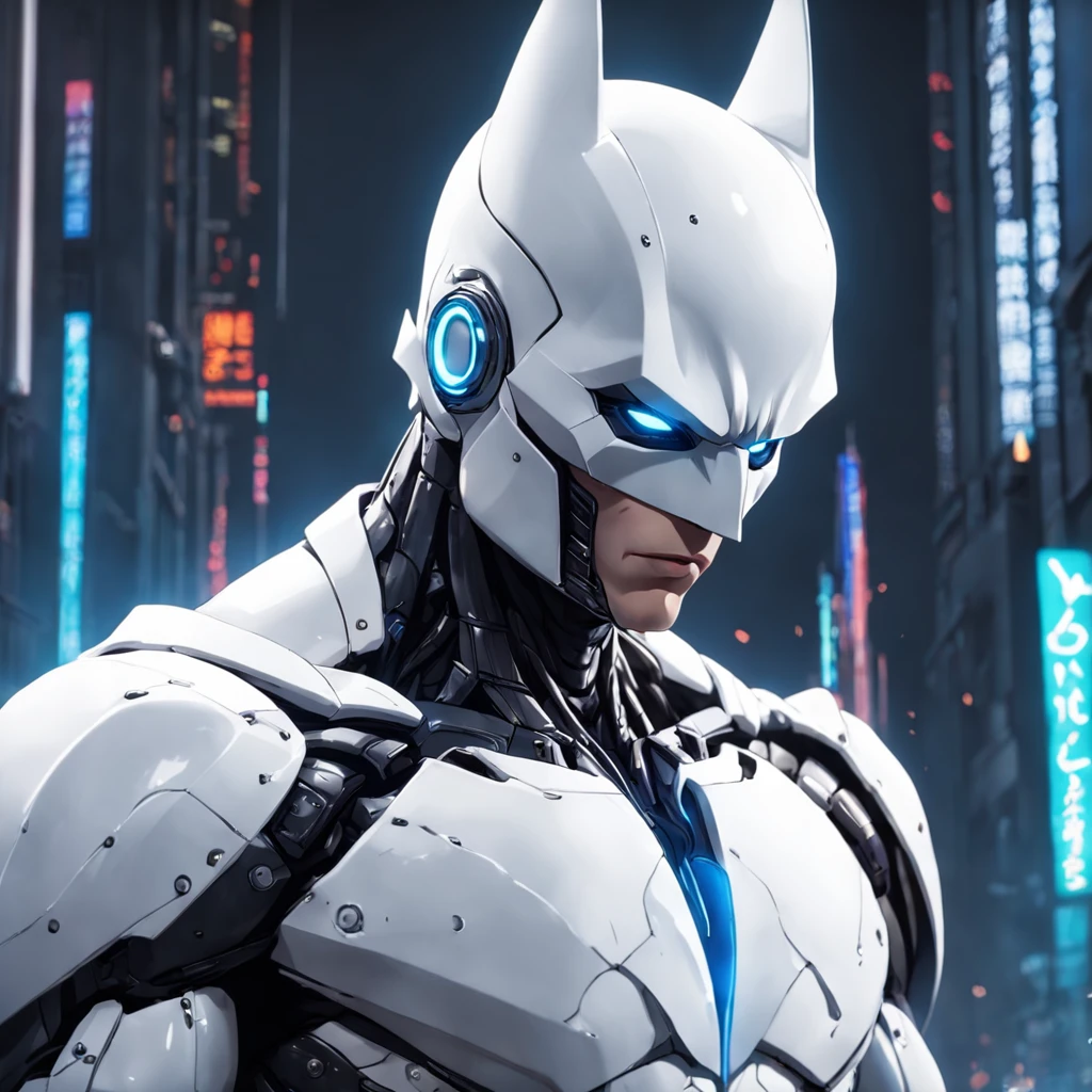 A realistic white batman in an advanced cybernetic suit