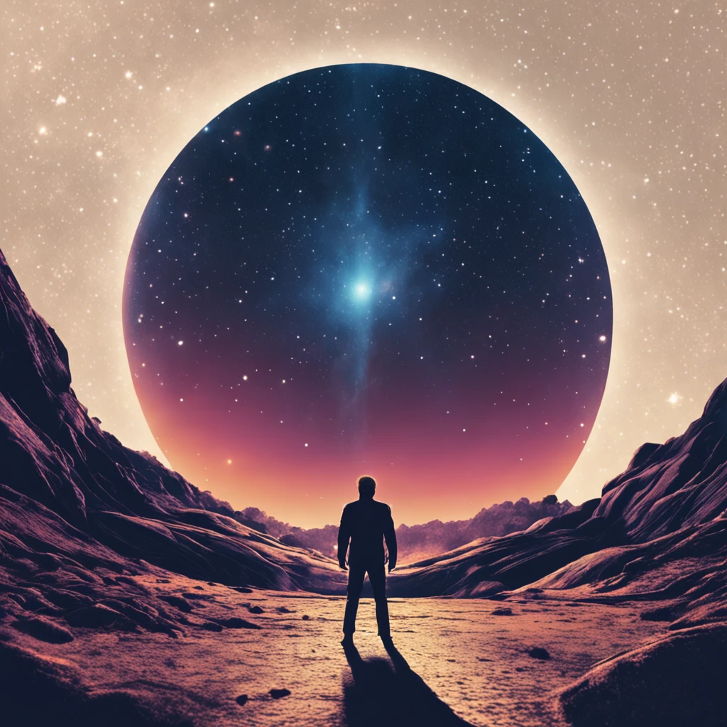 A man stands before a dark blue starry sky around him