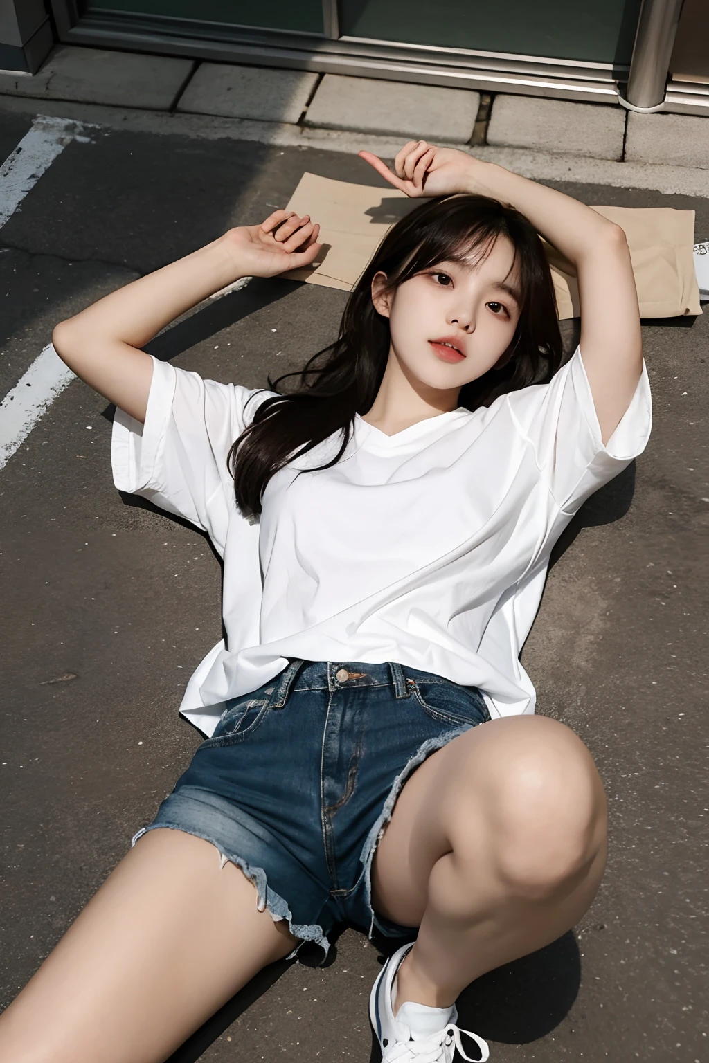 Korean girl lying on the ground,is wearing a shorts,Spread your legs