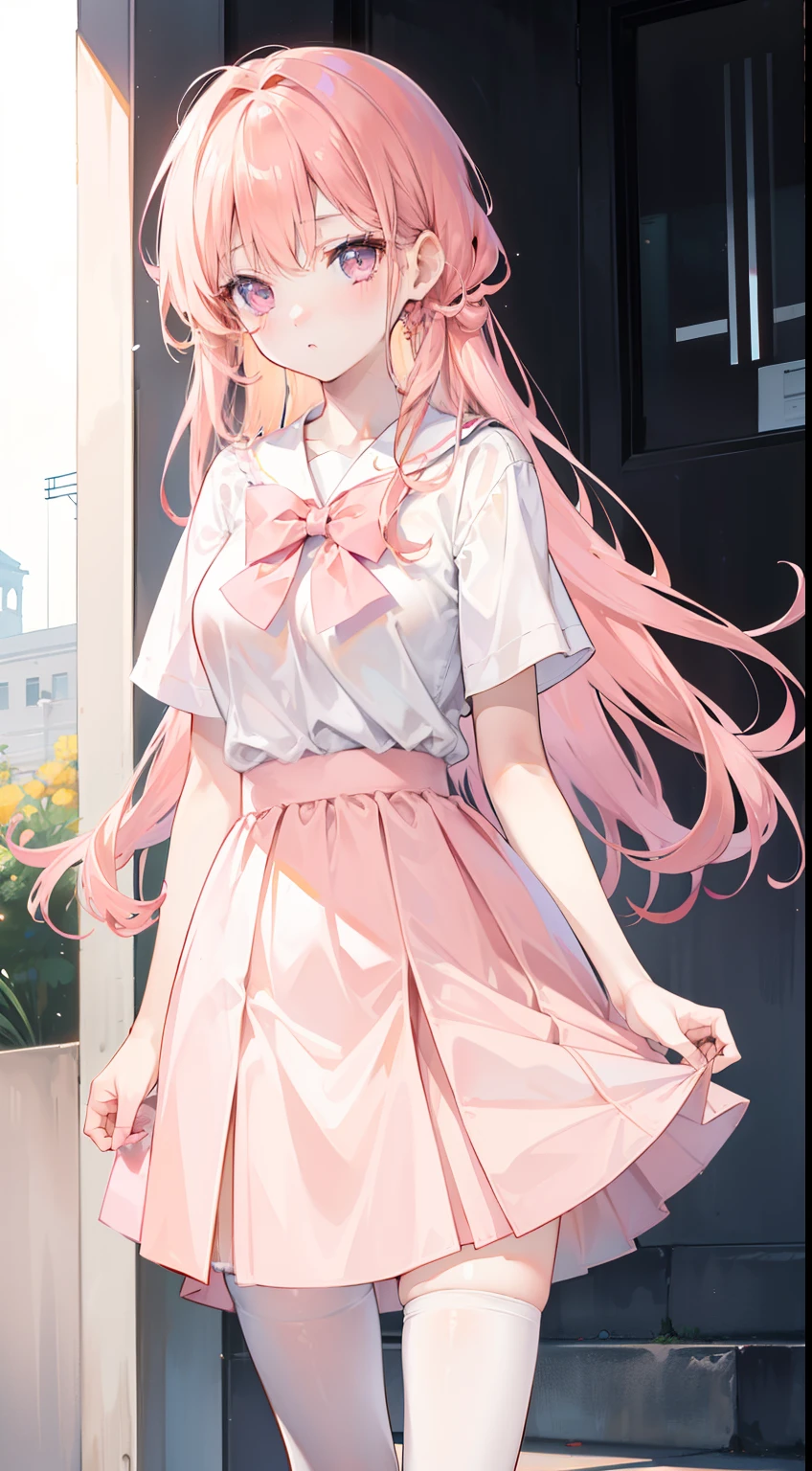 Apricot hair color,Light pink eyes,Apricot pink school top,Tall and tall,Pale pink straight skirt,Girls white stockings,A sweet girl