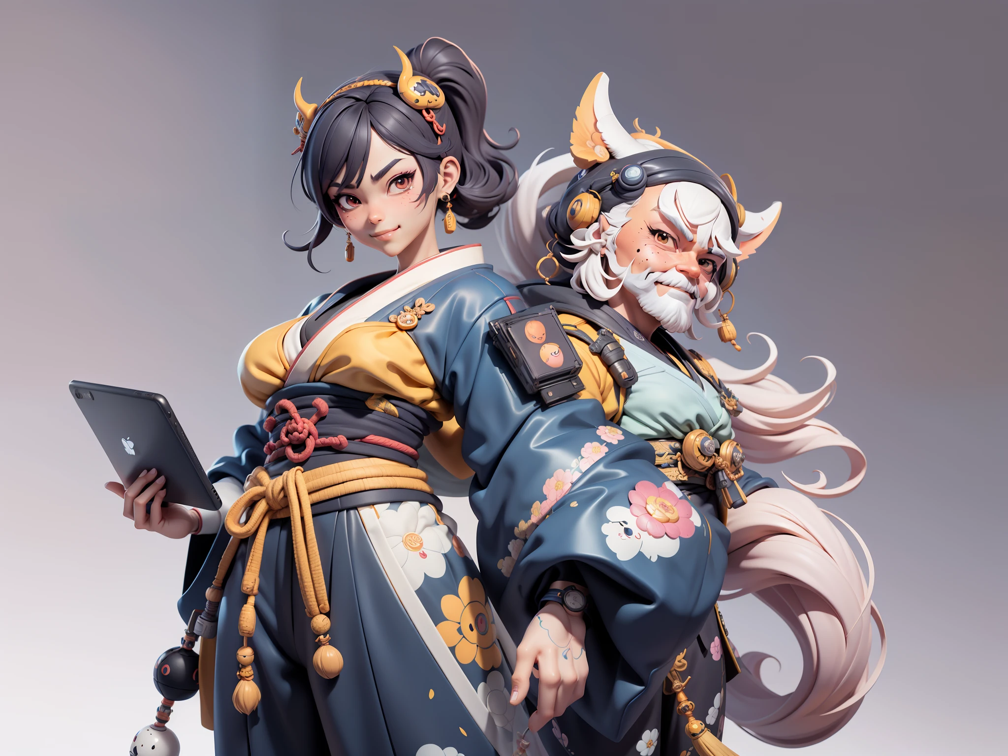 (Daisaku),(Need),(Super meticulous),(full bodyesbian:1.2),Japanese ukiyo-e girl,japanese geisha,Beautiful,Oriental dragon,Aeolian Thor,Raised sexy,爆乳,Oriental face,TV Anchor,Bust portrait illustration,Alone,In black suit,a blue tie,The face is slightly chubby,The face was clean,without a beard,Black super short hair,Black eyes,Smile confidently,3C computer sub-products,iPad, iphone,Digital painting,3D character design by Mark Clairen and Pixar and Hayao Miyazaki and Akira Toriyama,The illustration is a high-definition illustration in 4K resolution,With very detailed facial features and cartoon-style visuals。