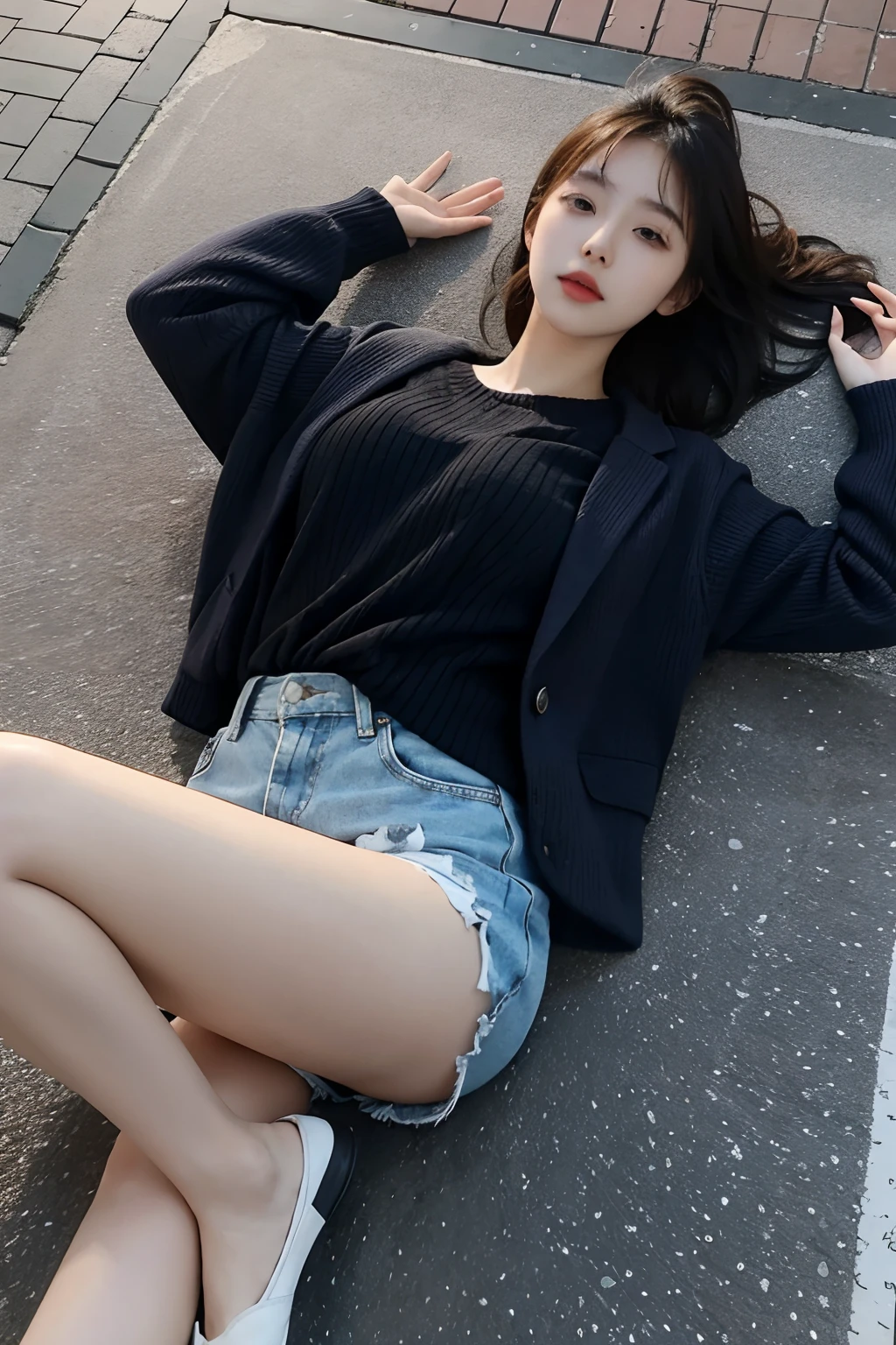 Korean girl lying on the ground,is wearing a shorts,Spread your legs