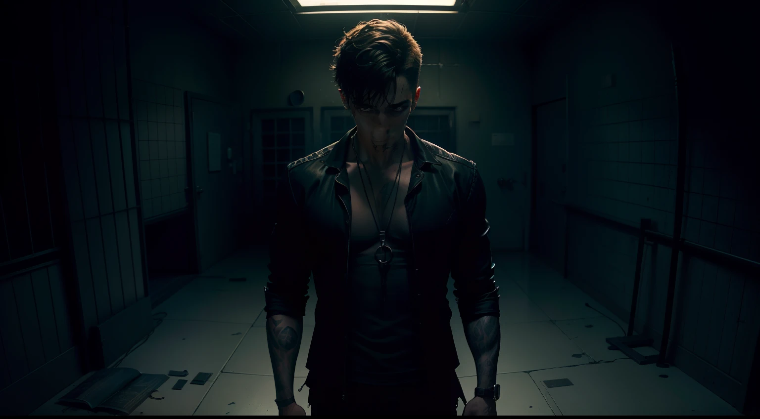 Image depicting Josh Longdon in prison, consumed by his obsession. Highlight elements associated with black magic and darkness, criando uma atmosfera opressiva.
