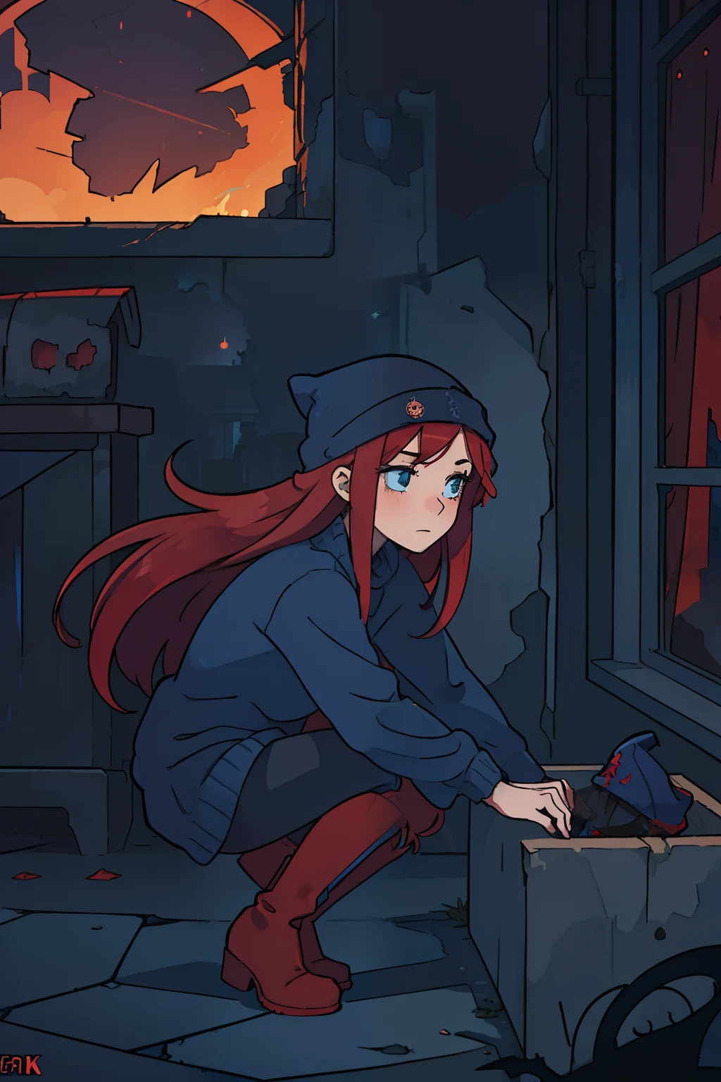 masterpiece, 4k, detailed, wide shot,1girl, slim woman with long red hair in a blue beanie, torn blue sweater, black tights, red boots, crawling dramatic pose, in old dark building, gloomy dramatic, cobwebs spooky lighting