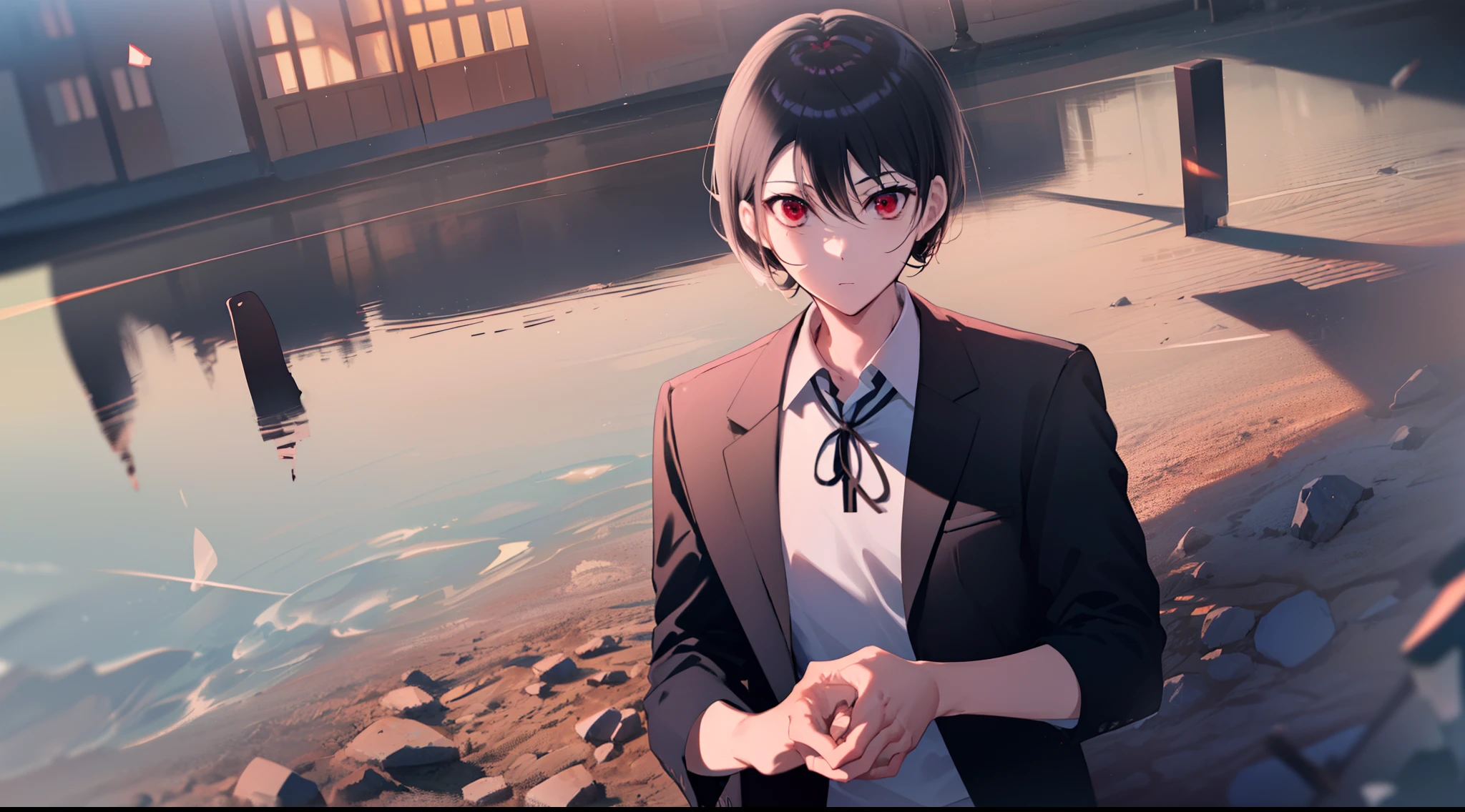 ((Primary work)), ((melhor qualidade)), High, (((((He has a pistol in his right hand holding it properly to shoot)))))), (((A boy with short black hair and red eyes))), ((((There is only one person)))), Kiyotaka Ayanokuji, ((((adolescente de 15 anos)))), (((men's school uniform white shirt black jacket open jacket long black pants))), ((Olhos vermelhos))), (((((cabelo preto curto))))))), ((corpo inteiro anatomicamente correto)), pernas normais, ((usa sapatos pretos)), ((He has a scared face and confusion)), ((Detailed full scenario)), ((mystery)), ((horror)), ((Tempo tenso)), Postura equilibrada, blush sutil | |, Pingente de cristal BREAK golden hour, (Rim lighting): 1.2, tons quentes, Brilho solar, sombras suaves, cores vibrantes, painterly effect, dreamy atmosphere BREAK scenic lake, montanhas distantes, salgueiro, calm water, reflection, nuvens iluminadas pelo sol, Tranquil setting, idyllic sunset, Ultra Detalhado, Arte Oficial, Unity 8k papel de parede, Zentangle, mandala