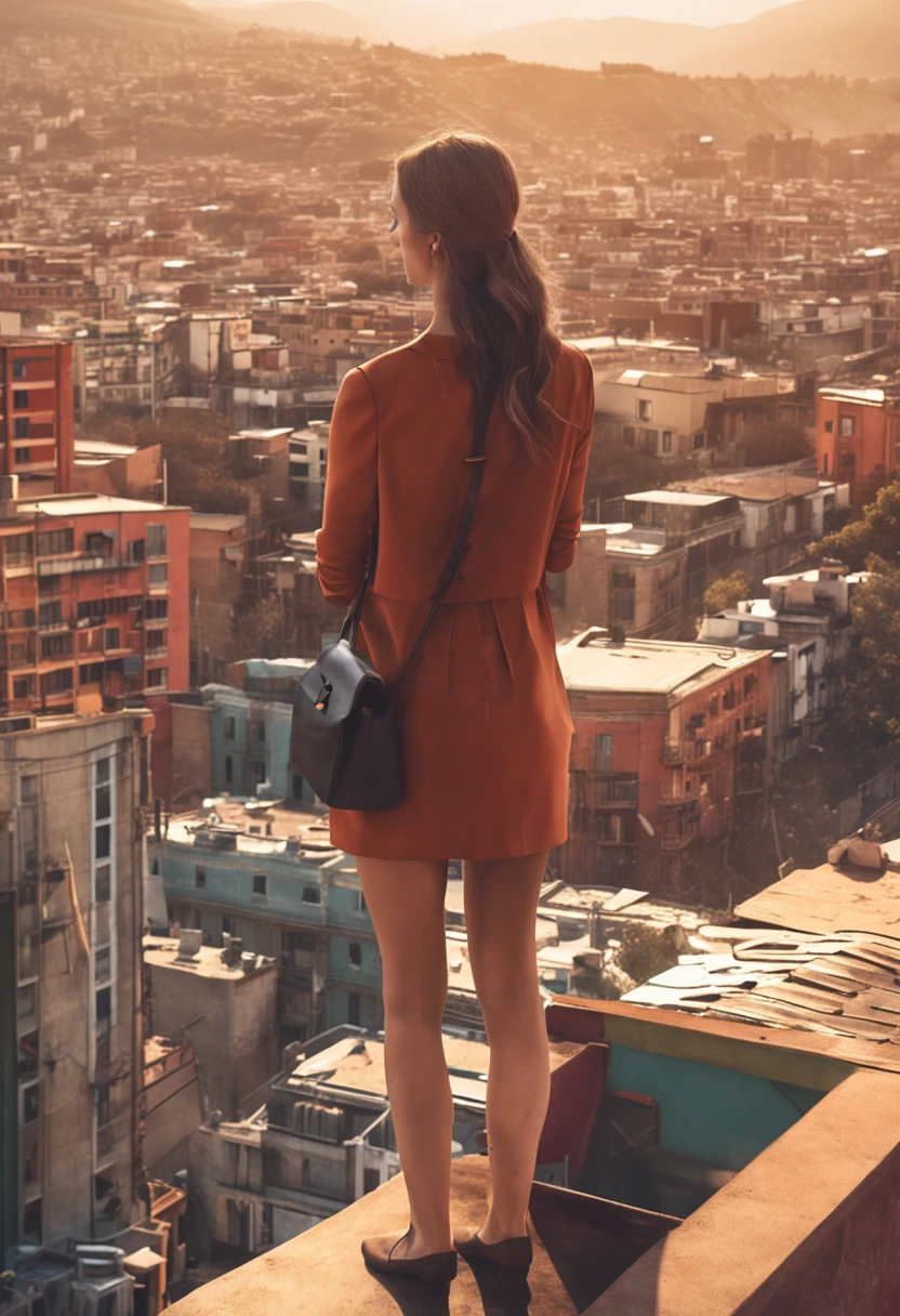 young business woman watching horizons over her own building and thinking about her next business step, hiperrealimos, foto realismo