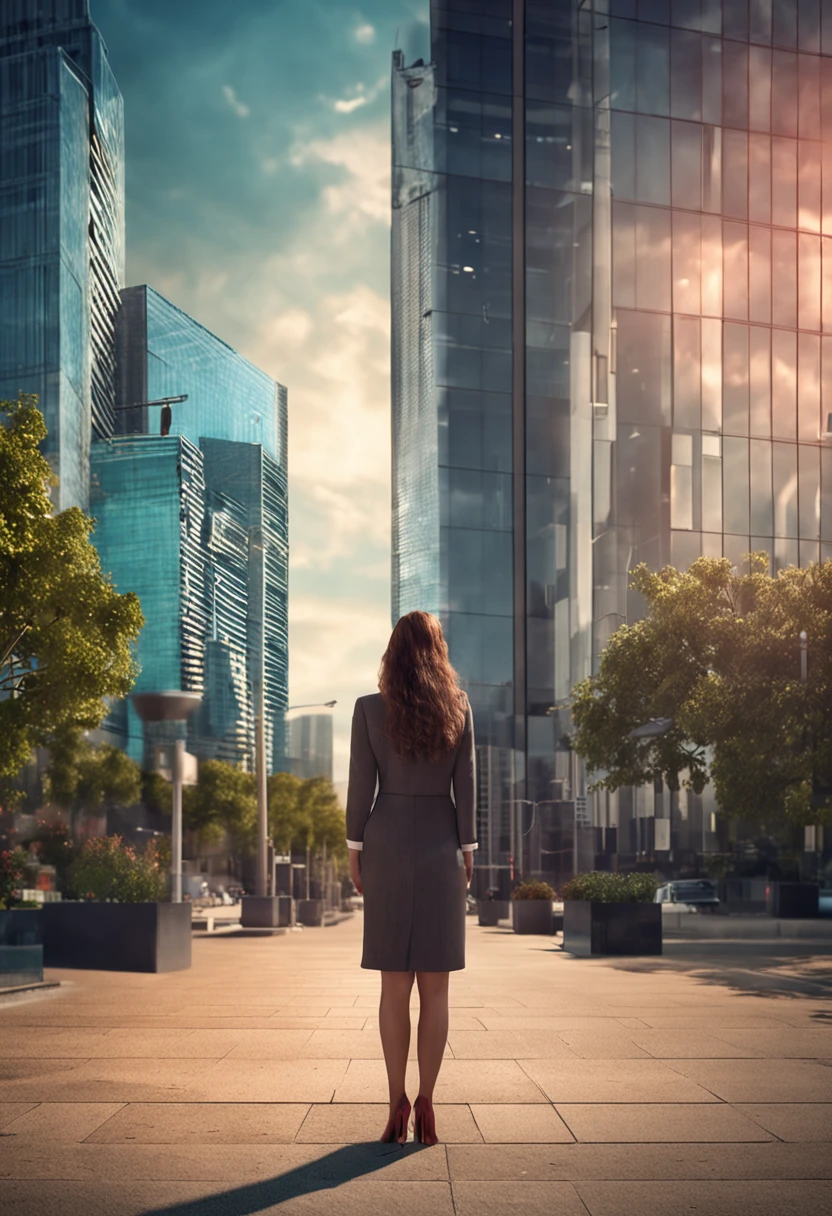 young business woman watching horizons over her own building and thinking about her next business step, hiperrealimos, foto realismo