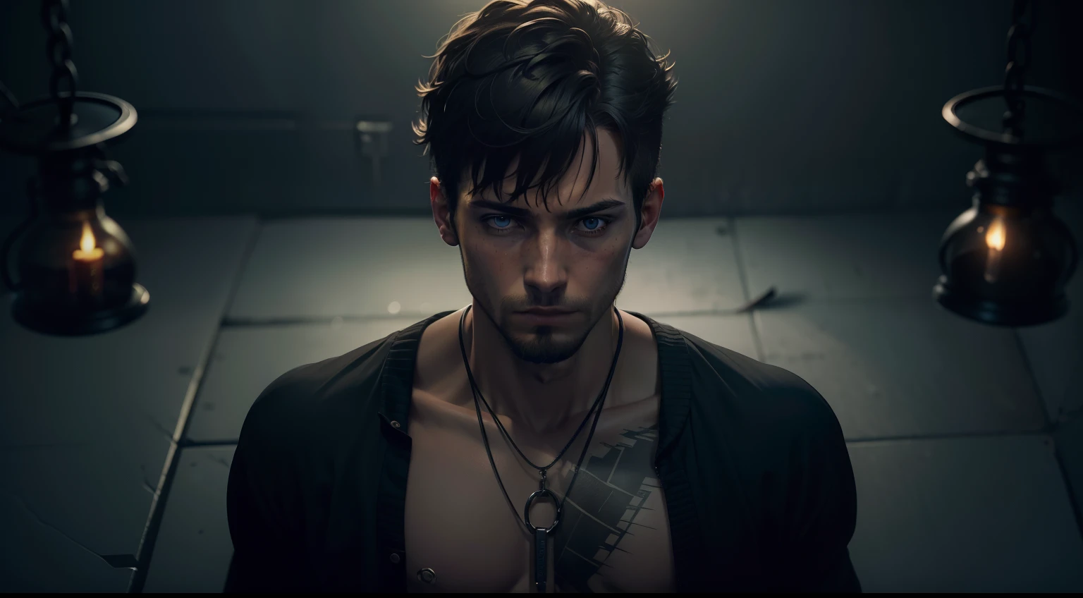 Image showing Josh Longdon in prison, consumed by his obsession. Highlight elements associated with black magic and darkness, criando uma atmosfera opressiva.