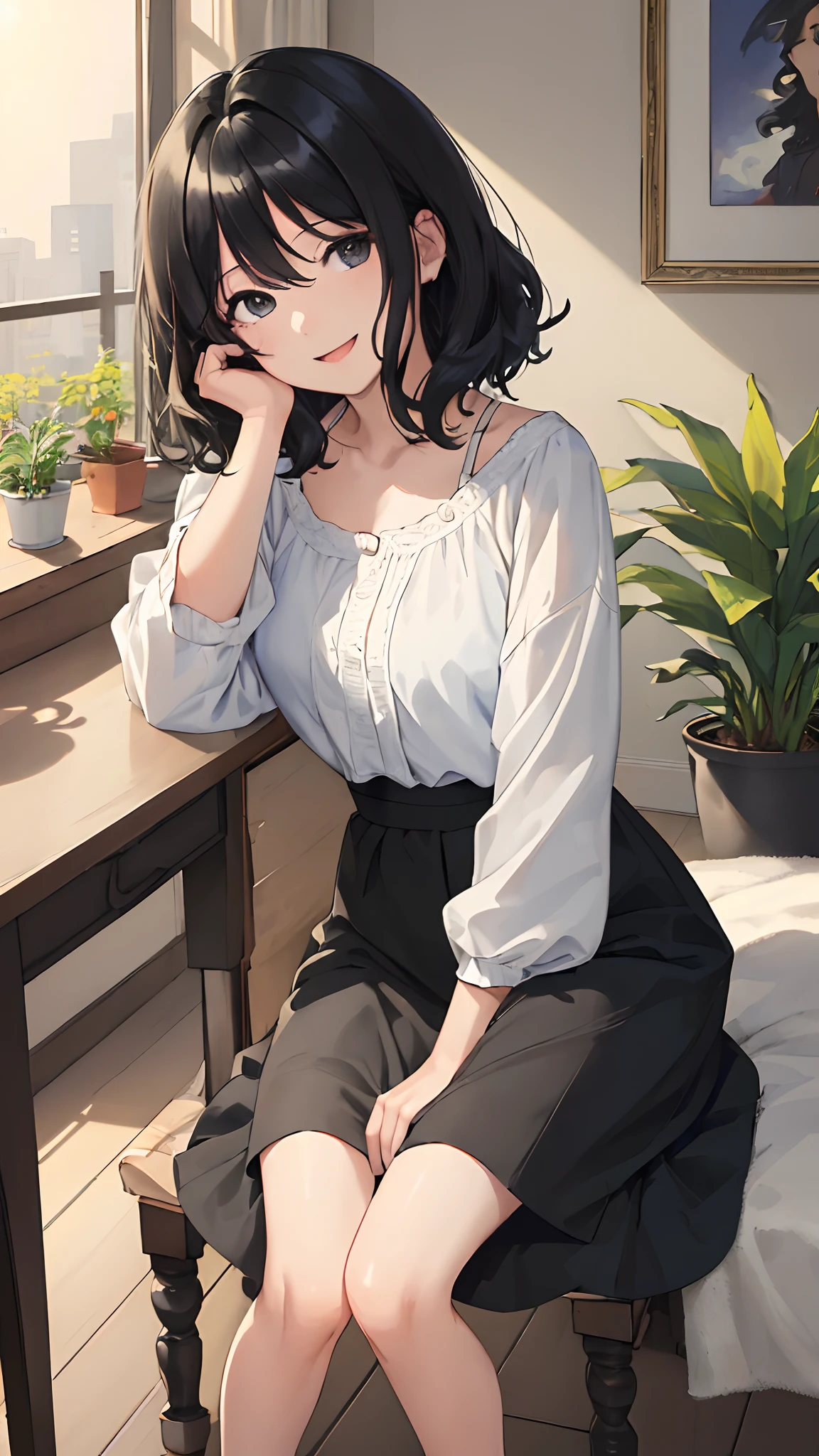 looking at viewer, (masterpiece:1.4), (best quality:1.4), indoors, sitting, {long hair|short hair}, (wavy hair:0.9), (happy face),
sunlight, shiny skin, black hair, {day|dawn|night|mornig},