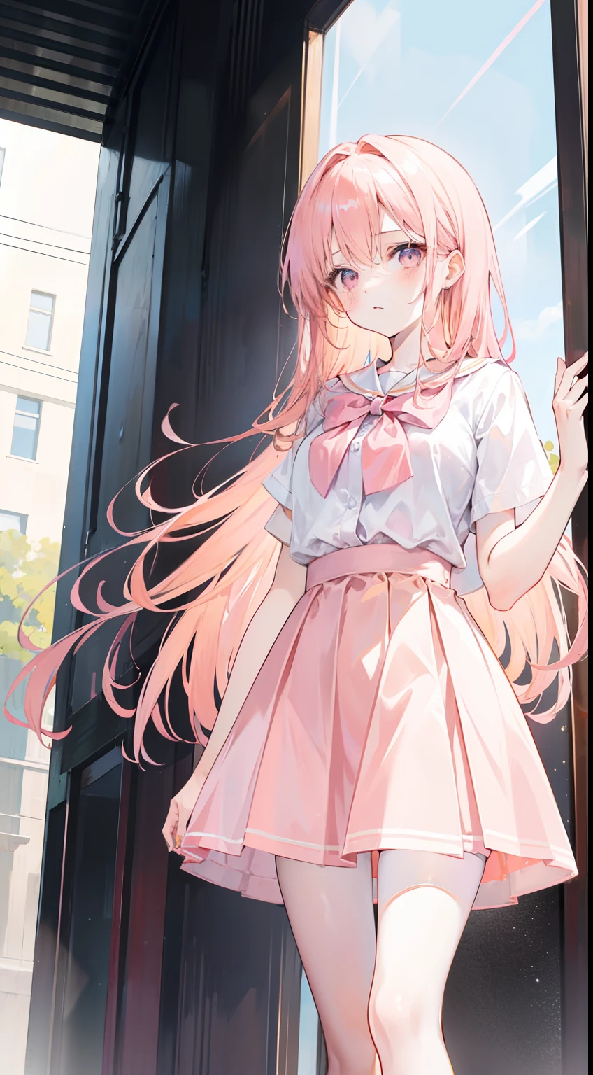 Apricot hair color，Light pink eyes，Apricot pink school top，Tall and tall，Pale pink straight skirt，Girls White stockings，A sweet girl