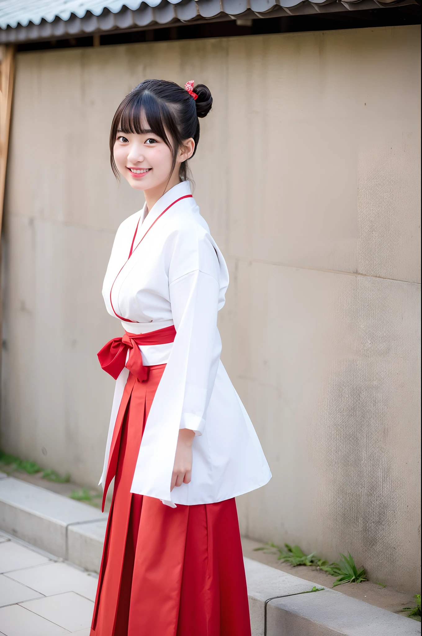 girl in old-japan town,floral white hakama-top,dark red school skirt,vermilion string-hair-bow,18-year-old,bangs,a little smiles,thighs,crotch,knees,short cut hair,pigtail,from below