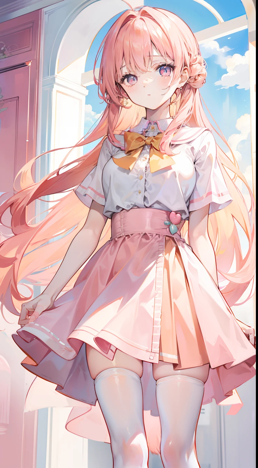 Apricot hair color,Light pink eyes,Apricot pink school top,Tall and tall,Pale pink straight skirt,Girls White stockings,A sweet girl
