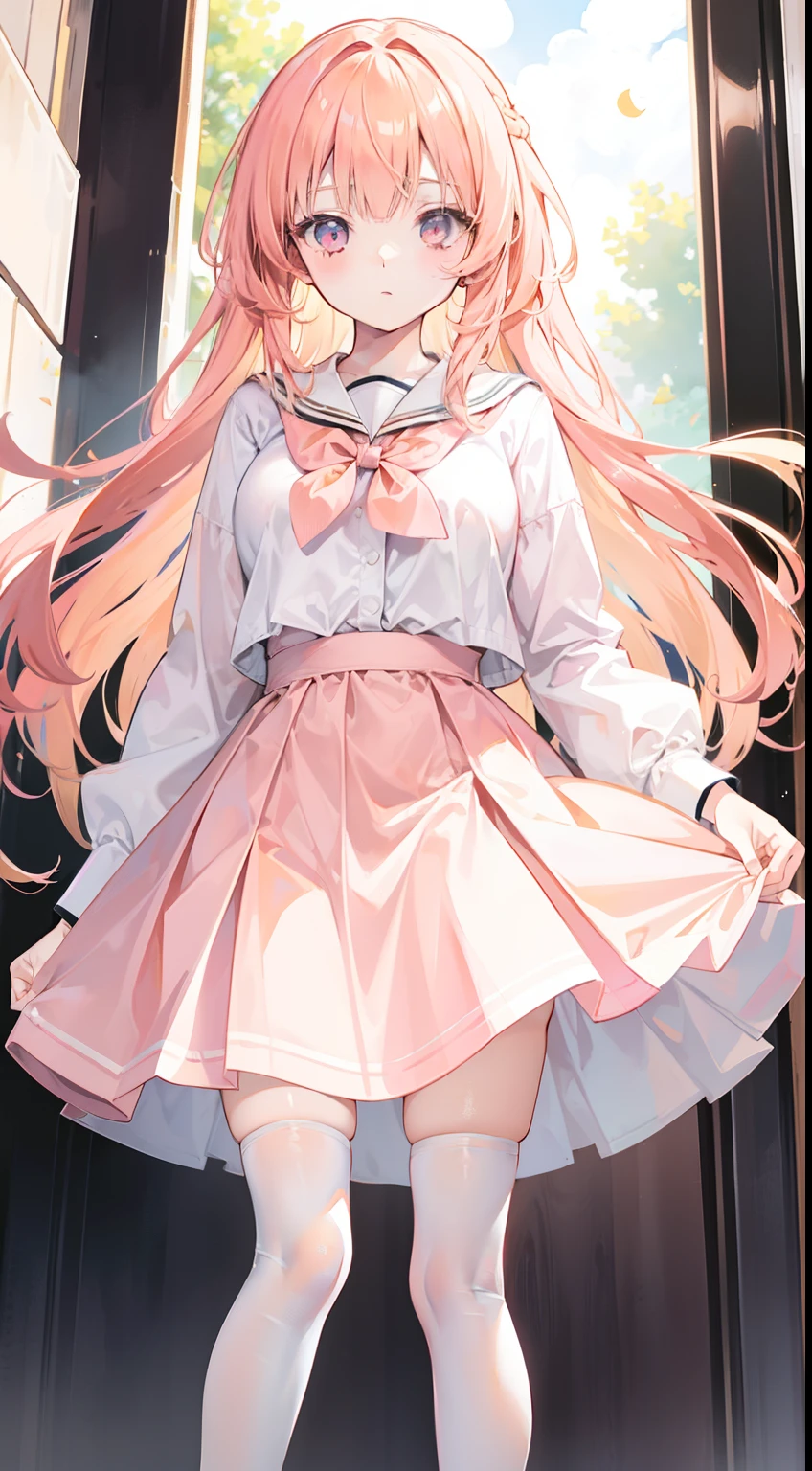 Apricot hair color，Light pink eyes，Apricot pink school top，Tall and tall，Pale pink straight skirt，Girls White stockings，A sweet girl