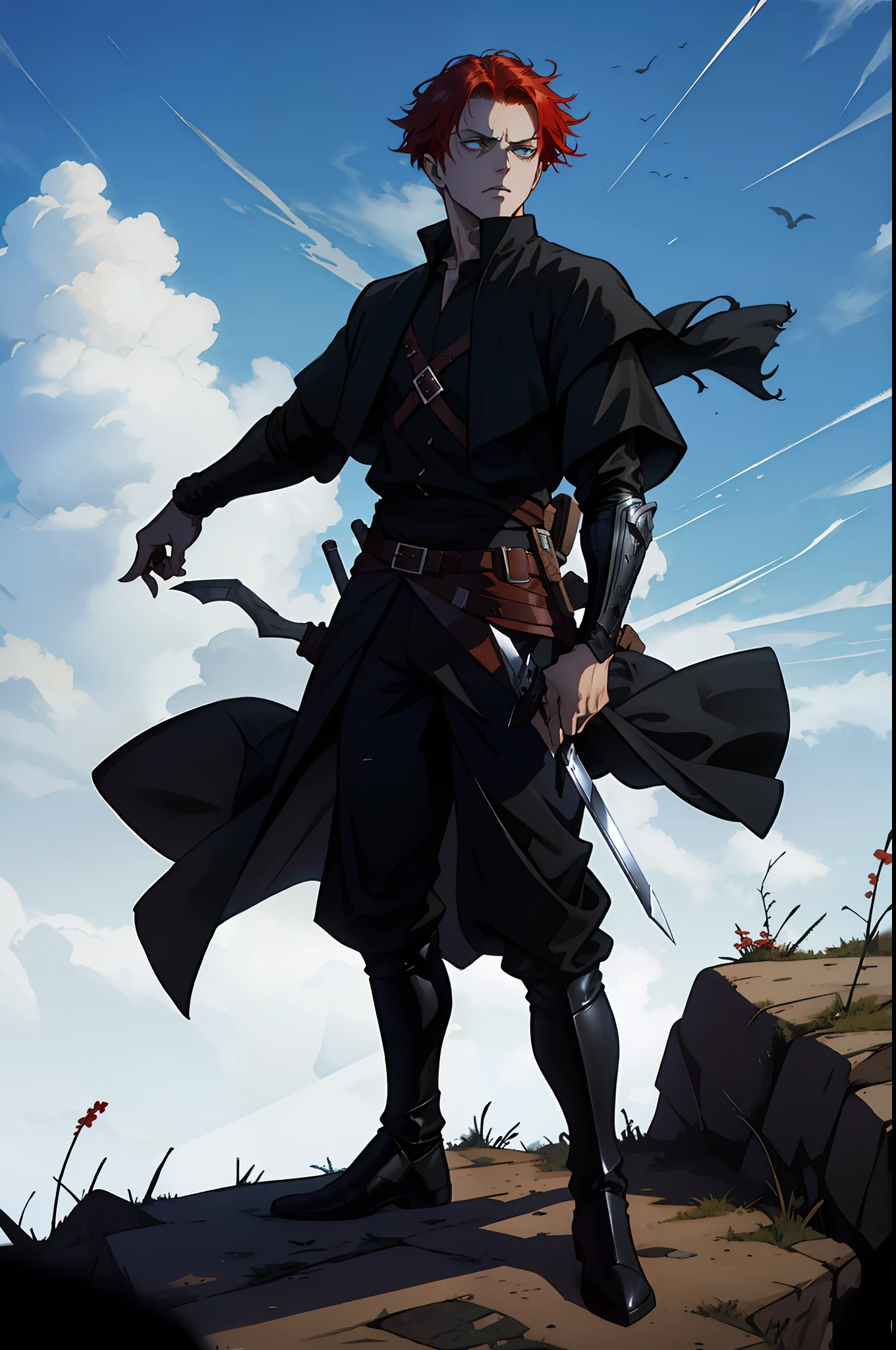 scarlet hair, amber eyes, 1 male, assasin clothing, highly detailed exquisite fanart, he's very menacing and evil, kvothe from name of the wind, official character art, black long coat, black shirt, black tactical pants, full body shot, short haired, holding sword hilt