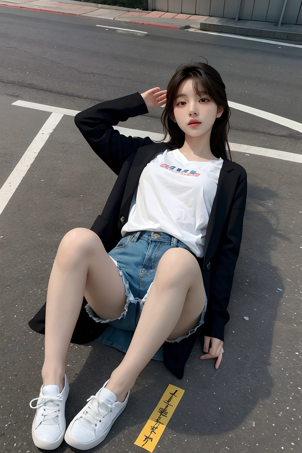 Korean girl lying on the ground，is wearing a shorts，Spread your legs