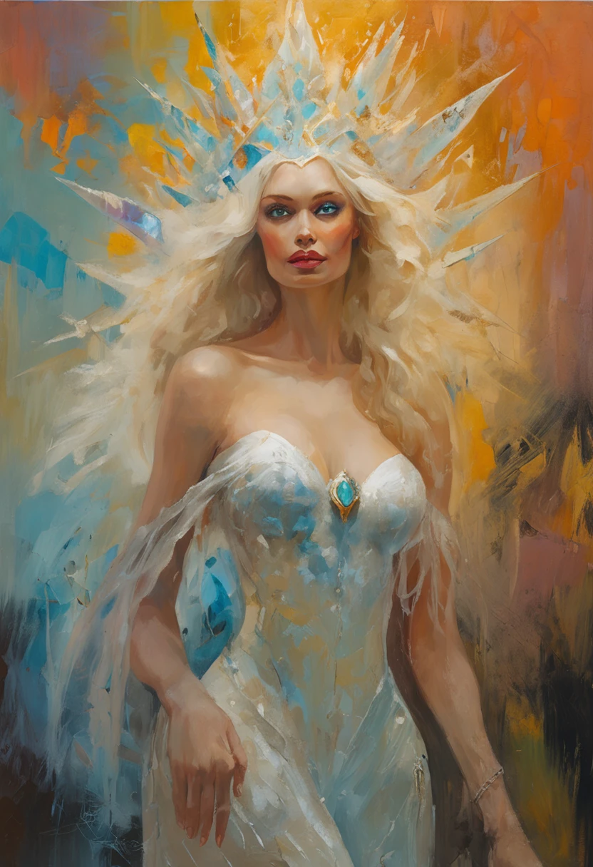 Highres witch, masterpiece, large thighs with sparkling and vibrant high quality cyan eyes, along with long gold blond hair. She wears ice spark earrings, along with a white stereotypical witch hat with a pointy end, no hat belt, two snowflake flying around. fully naked, completely naked, casting a ice spark, ((High Detailed background: Frost Castle)), Close-up image. nsfw,