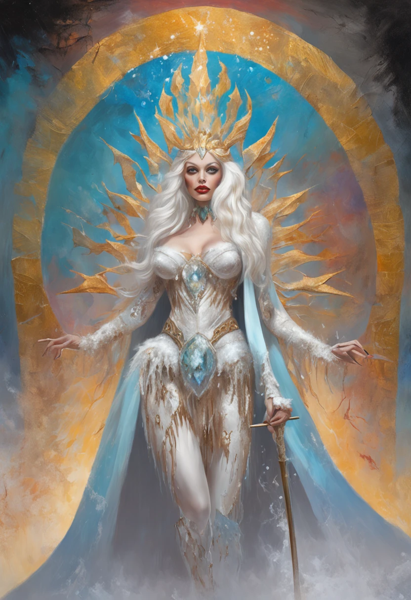 Highres witch, masterpiece, large thighs with sparkling and vibrant high quality cyan eyes, along with long gold blond hair. She wears ice spark earrings, along with a white stereotypical witch hat with a pointy end, no hat belt, two snowflake flying around. fully naked, completely naked, casting a ice spark, ((High Detailed background: Frost Castle)), Close-up image. nsfw,