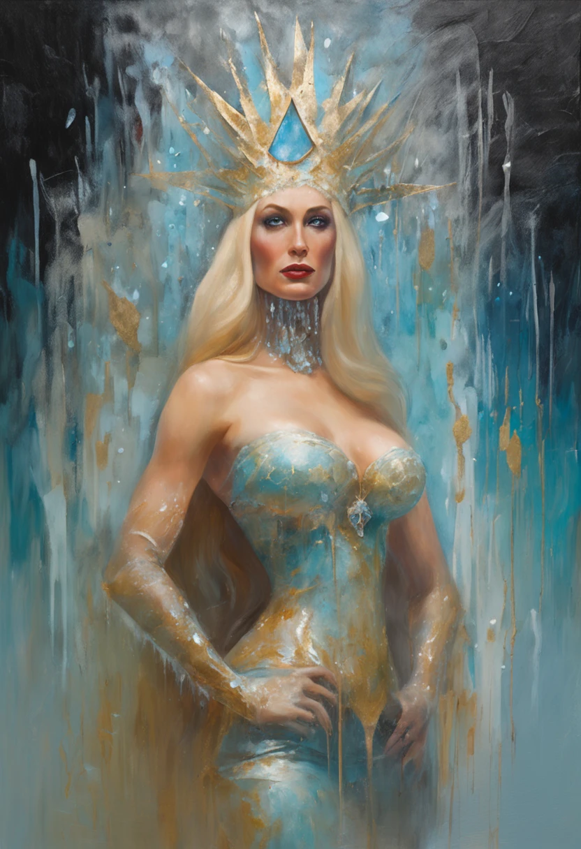 Highres witch, masterpiece, large thighs with sparkling and vibrant high quality cyan eyes, along with long gold blond hair. She wears ice spark earrings, along with a white stereotypical witch hat with a pointy end, no hat belt, two snowflake flying around. fully naked, completely naked, casting a ice spark, ((High Detailed background: Frost Castle)), Close-up image. nsfw,