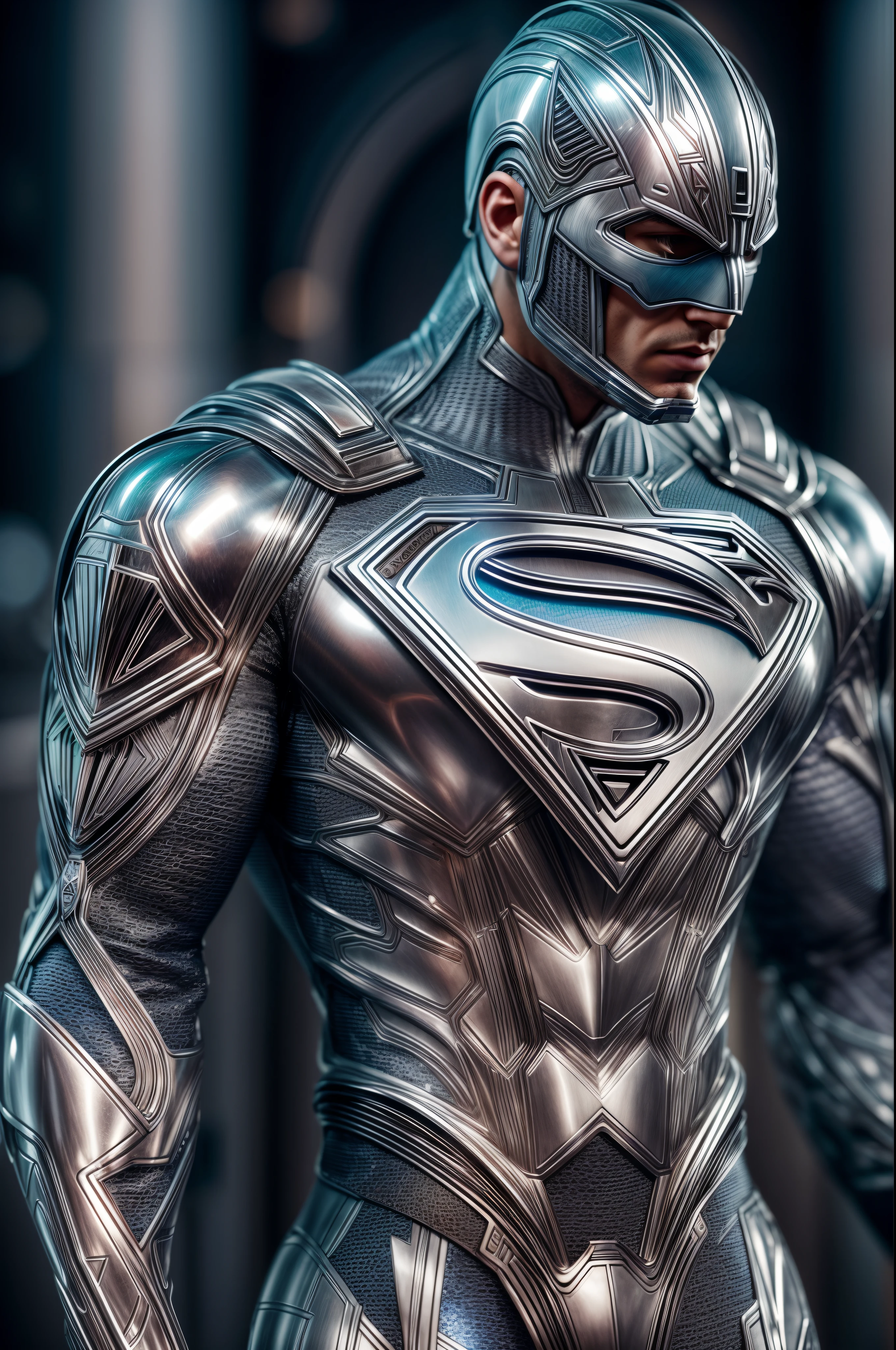 An intricate silver superman cybiotics suit, extremely detailed suit, futuristic superman, micro-details, photorealism, one light, dark photo, deep shadows, shallow depth of field, photorealistic, Surrealism, high quality, masterpiece, 8k, 8k, super detail