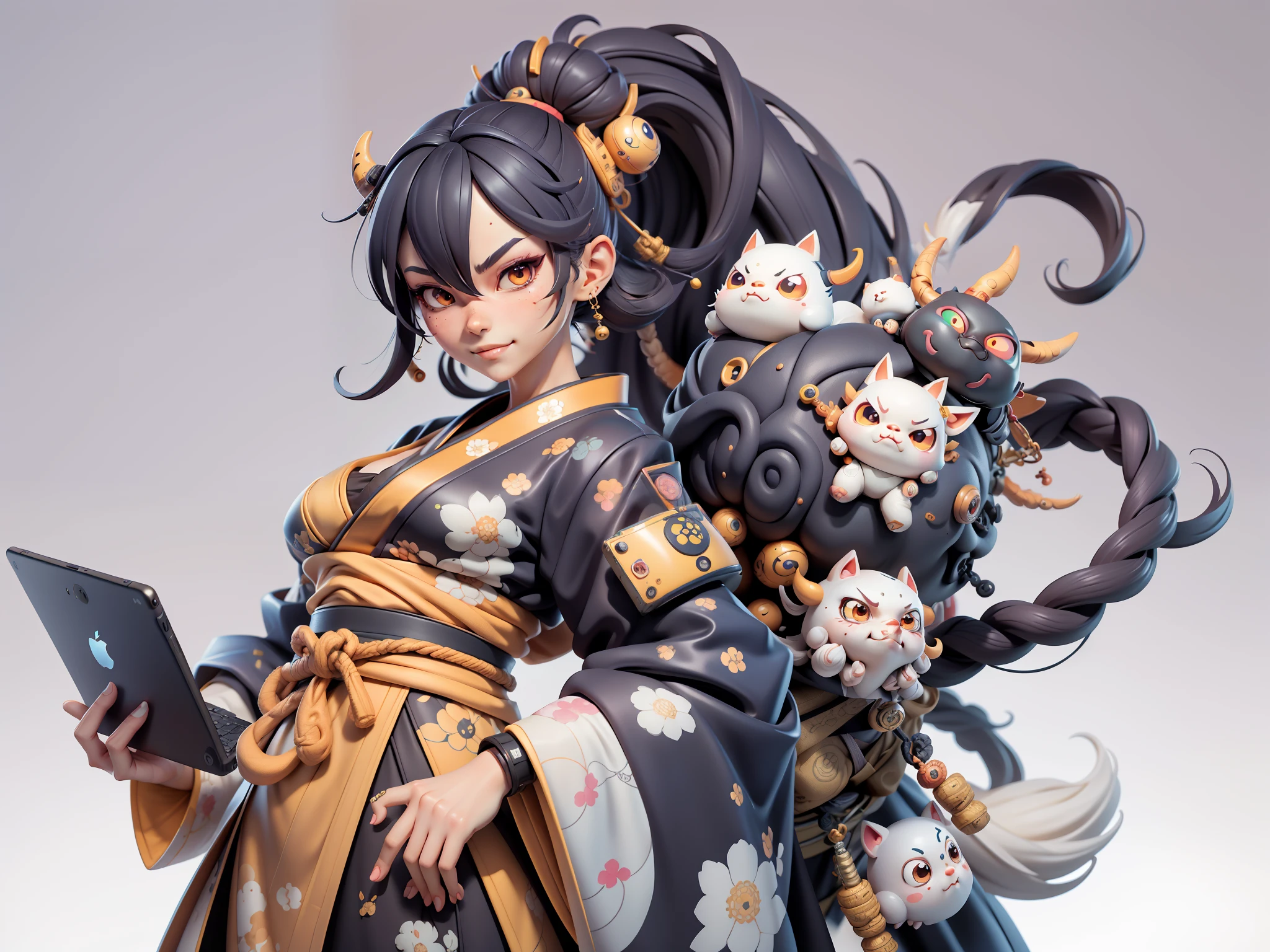 (Daisaku),(Need),(Super meticulous),(full bodyesbian:1.2),Japanese ukiyo-e girl,japanese geisha,Beautiful,Oriental dragon,Aeolian Thor,Raised sexy,爆乳,Oriental face,TV Anchor,Bust portrait illustration,Alone,In black suit,a blue tie,The face is slightly chubby,The face was clean,without a beard,Black super short hair,Black eyes,Smile confidently,3C computer sub-products,iPad, iphone,Digital painting,3D character design by Mark Clairen and Pixar and Hayao Miyazaki and Akira Toriyama,The illustration is a high-definition illustration in 4K resolution,With very detailed facial features and cartoon-style visuals。