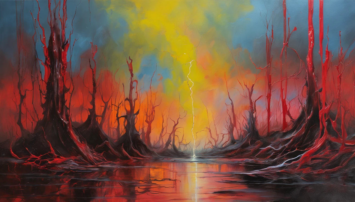 sharp neon sky filled with the souls of the deads, fog, neon spirits, realistic ghosts, blood on face, ultra relistic, eye blood, the death of a population, dread, unknown fear, enormous beings, hand painting, (masterpiece, realistic painting), yellow plantes, glowing neon lines, the fear of Cthulhu, realistic photography, ultra realistic, biomechinical, biomachines, ((hnsrdlf style)), detailed reflections, dark atmosphere, gothic art, futuristic, realistic blood, realistic reflections, RTX graphic, HDR, ultra detailed, real blood, detailed sky