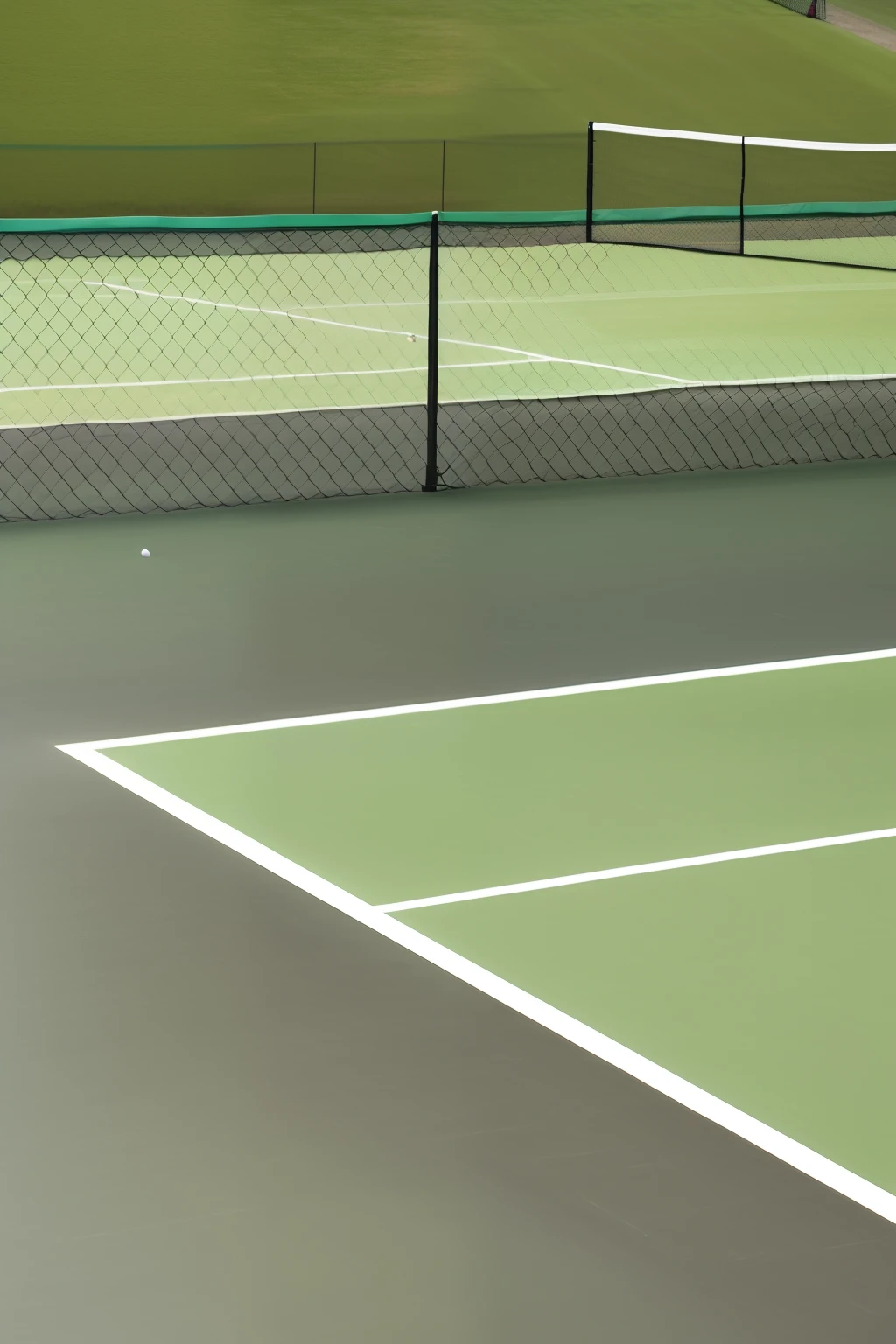 There is a man playing tennis on the court, tennis court, Aerial tennis courts, GREEN, Bloody blood on the tennis court, composite, High-angle close-up shots, wearing tennis, volley court background, You'll see some of the black tops., !! low contrast!!, Medium close-up shots, Aesthetic shots, Sharp lines, Netting, ceramic, extremely clean lines