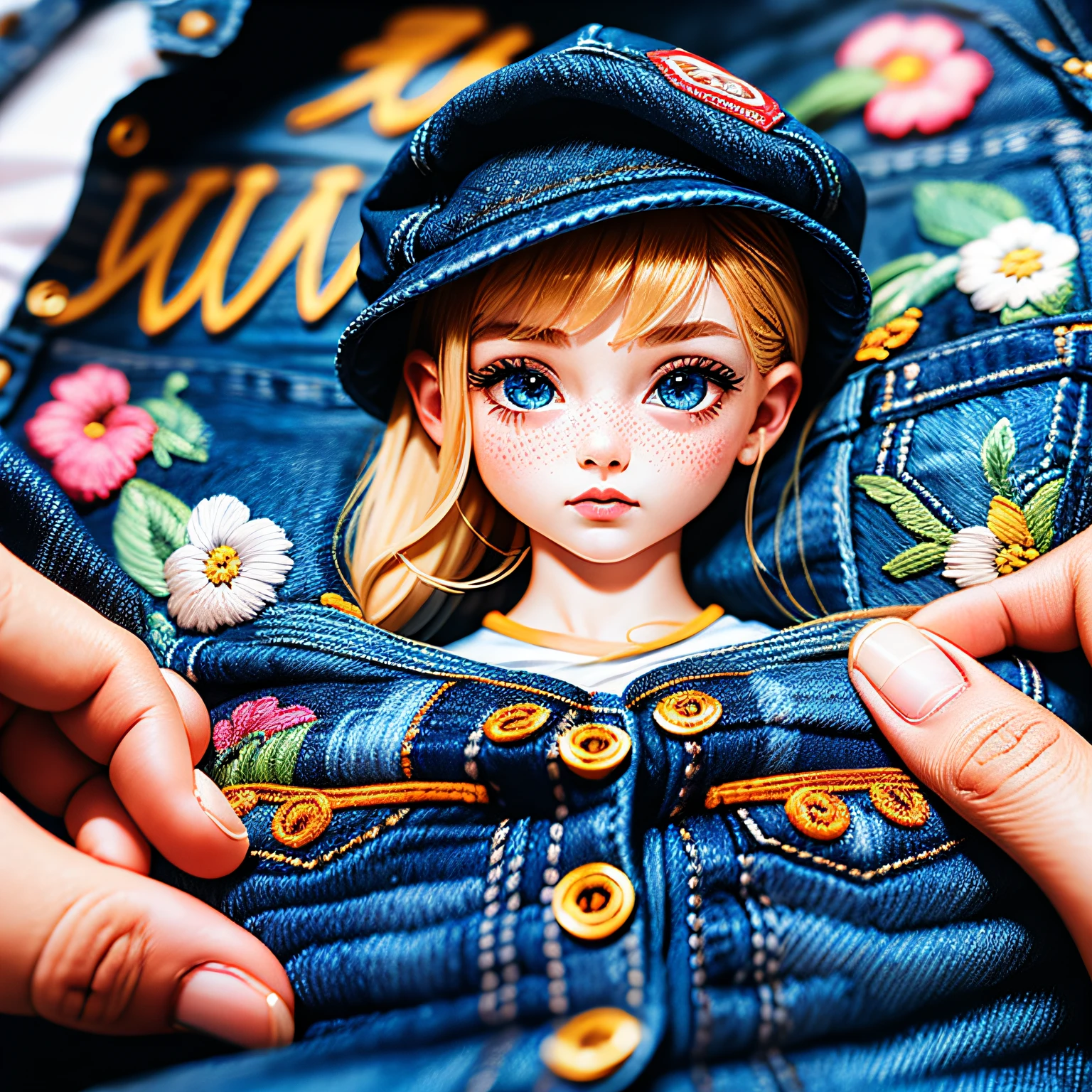 Embroidered on denim,Lucky Girl,Two English words