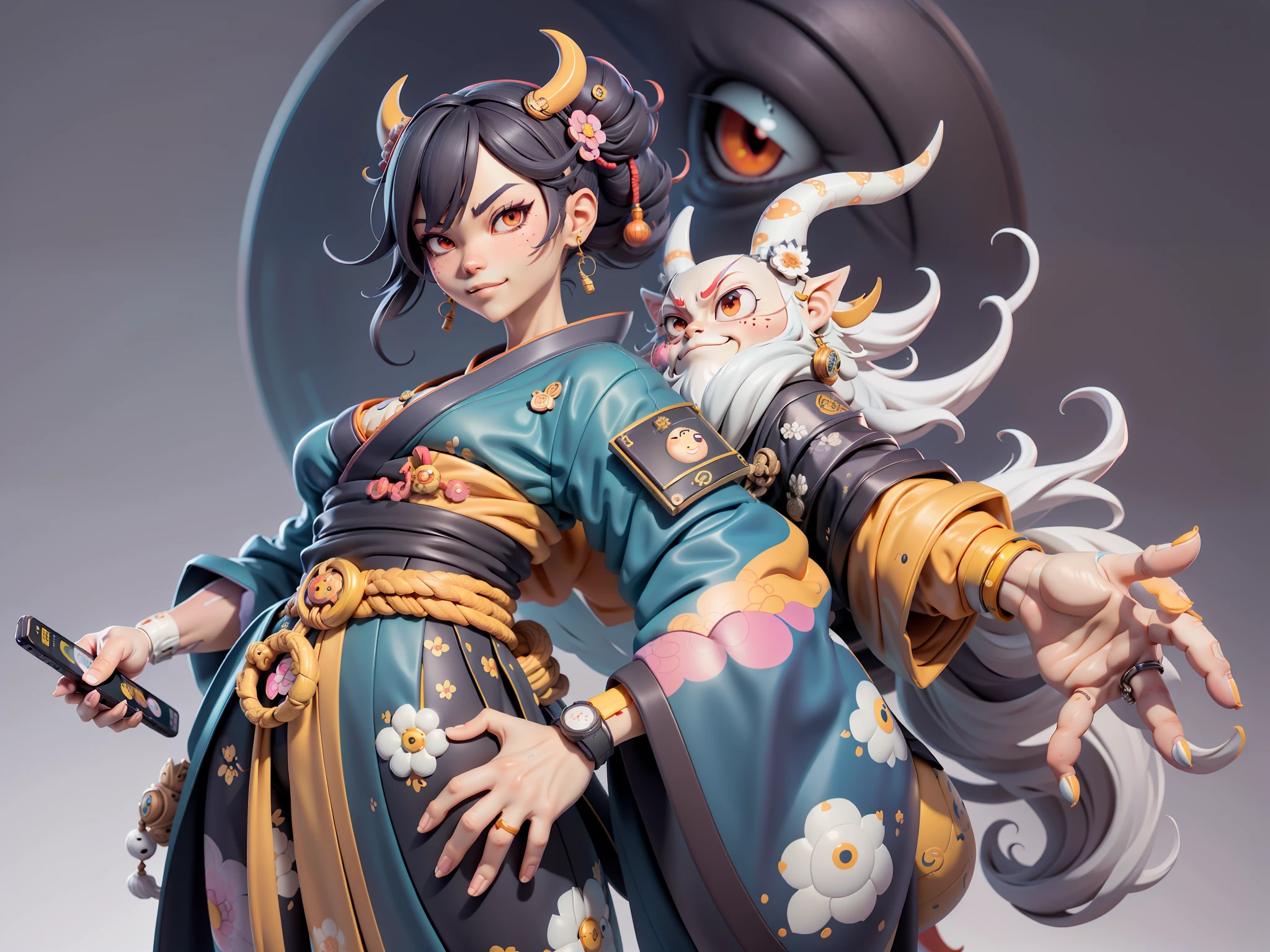 (Daisaku),(Need),(Super meticulous),(full bodyesbian:1.2),Japanese ukiyo-e girl,japanese geisha,Beautiful,Oriental dragon,Aeolian Thor,Raised sexy,爆乳,Oriental face,TV Anchor,Bust portrait illustration,Alone,In black suit,a blue tie,The face is slightly chubby,The face was clean,without a beard,Black super short hair,Black eyes,Smile confidently,3C computer sub-products,iPad, iphone,Digital painting,3D character design by Mark Clairen and Pixar and Hayao Miyazaki and Akira Toriyama,The illustration is a high-definition illustration in 4K resolution,With very detailed facial features and cartoon-style visuals。