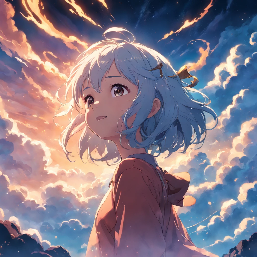masterpiece, best quality, movie still, 1girl, cloud girl, floating in the sky, close-up, bright, happy, warm soft lighting, sunset, (sparks:0.7)