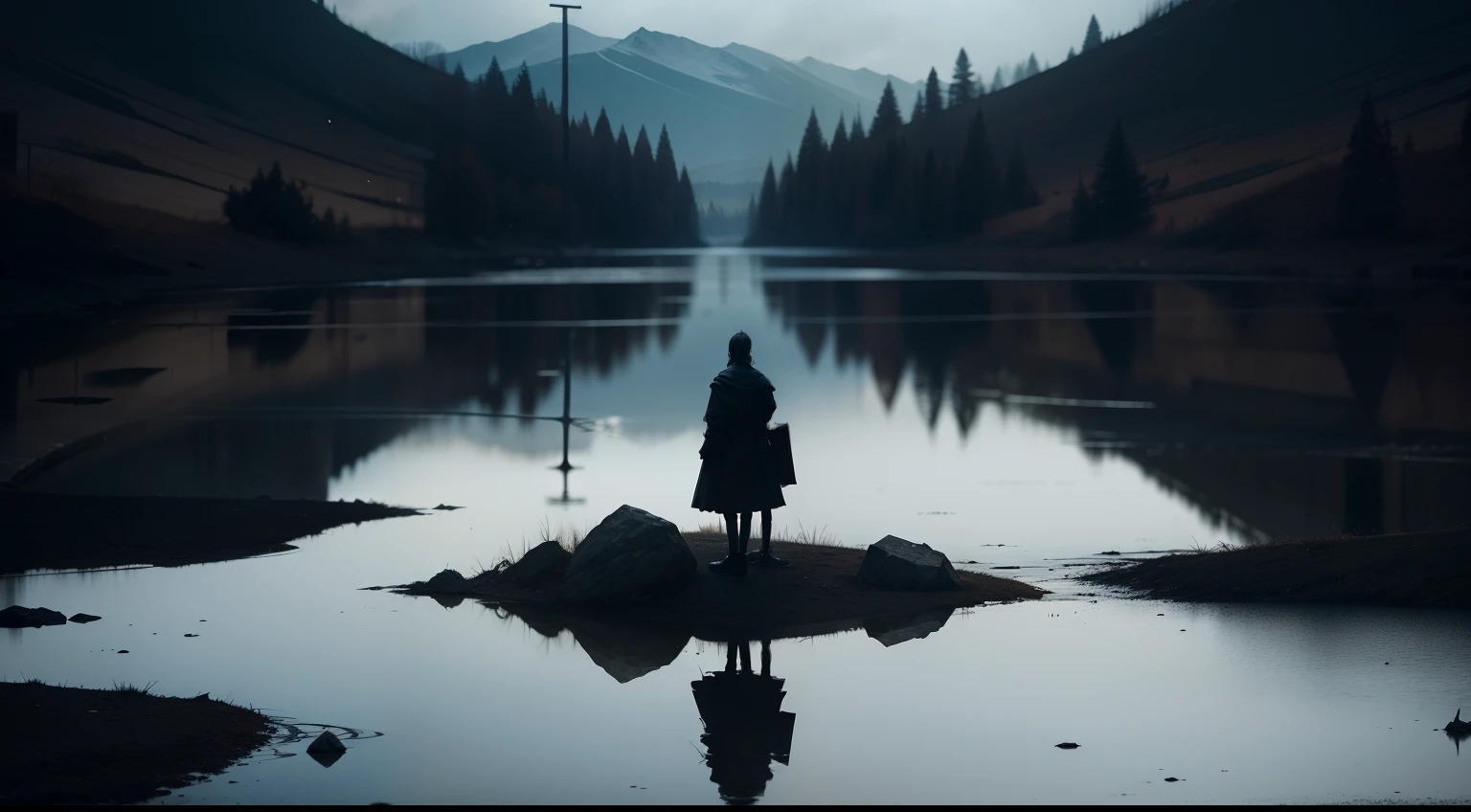 A scene that sums up the dark story. Highlight symbolic elements that represent the duality between good and evil. Convey a sense of reflection and restlessness