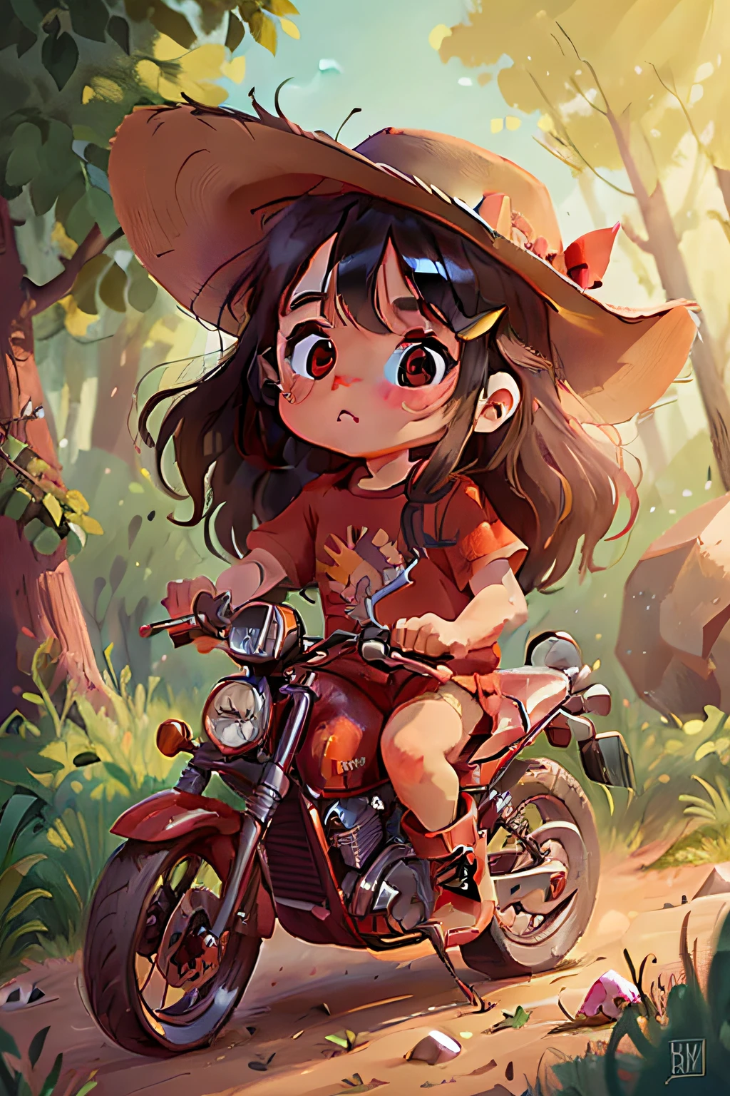 a girl, 6 years long black hair, vibrant brown eyes, wearing a jumpsuit, cowboy boots, cowboy hat and red t-shirt, riding a brown beautiful horse