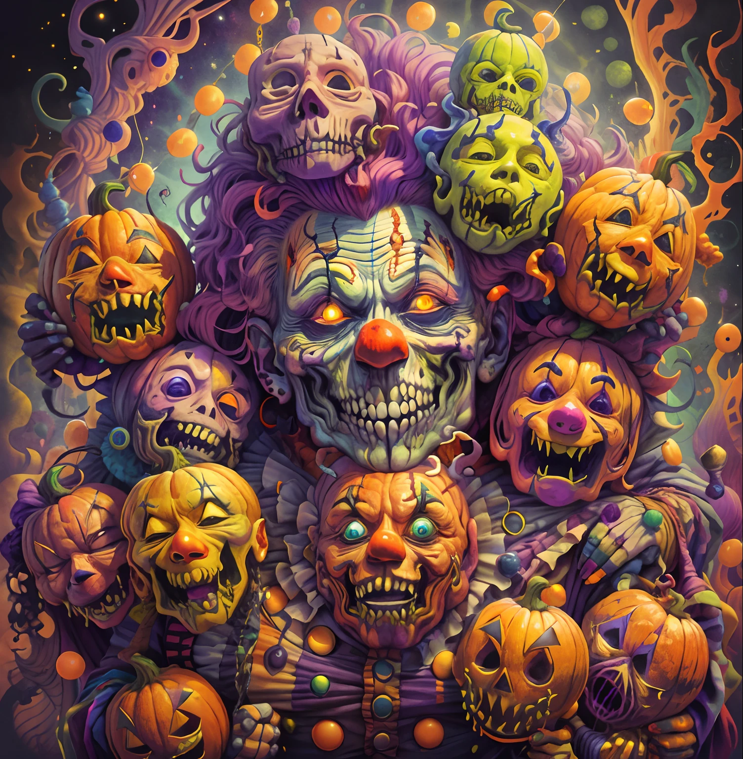 Really Scary Halloween Clown with a creepy smile , on a vision quest, masterpiece, beautiful psychedelic entropy PsyAI