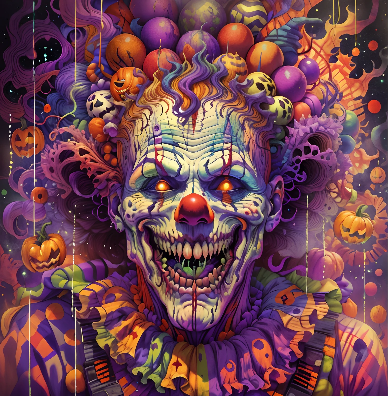 Really Scary Halloween  Clown with a creepy smile , on a vision quest, masterpiece, beautiful psychedelic entropy PsyAI