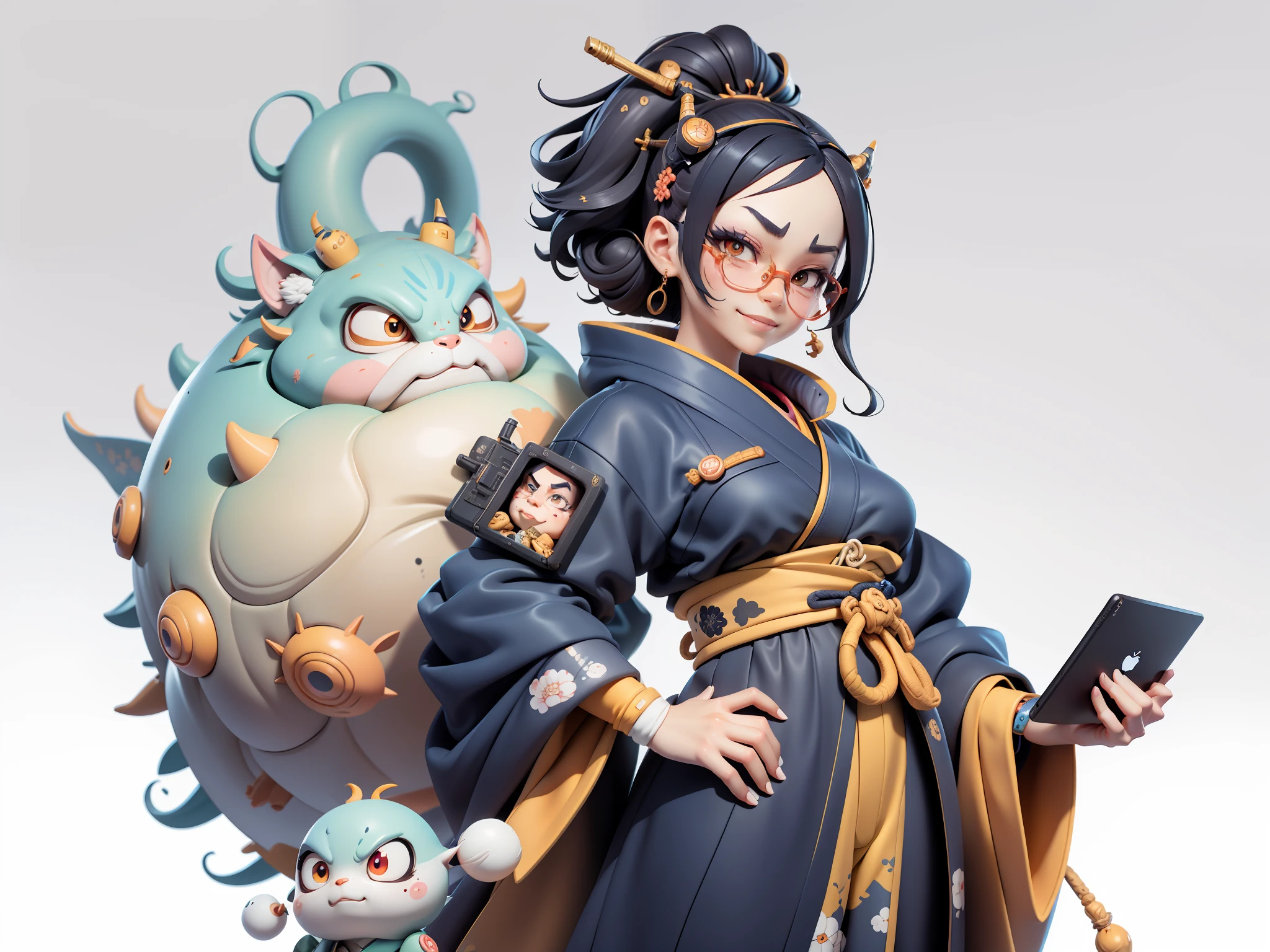 (Daisaku),(Need),(Super meticulous),(full bodyesbian:1.2),Japanese ukiyo-e girl，japanese geisha，Beautiful，Oriental dragon，Aeolian Thor，Raised sexy，爆乳，Oriental face，TV Anchor，Bust portrait illustration，Alone，In black suit，a blue tie，The face is slightly chubby，The face was clean，without a beard，Black super short hair，Black eyes，Smile confidently，3C computer sub-products，iPad， iphone，Digital painting，3D character design by Mark Clairen and Pixar and Hayao Miyazaki and Akira Toriyama，The illustration is a high-definition illustration in 4K resolution，With very detailed facial features and cartoon-style visuals。