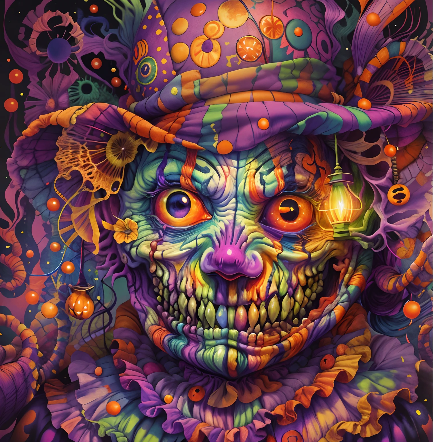Scary Halloween Clown on a vision quest, masterpiece, beautiful psychedelic entropy PsyAI