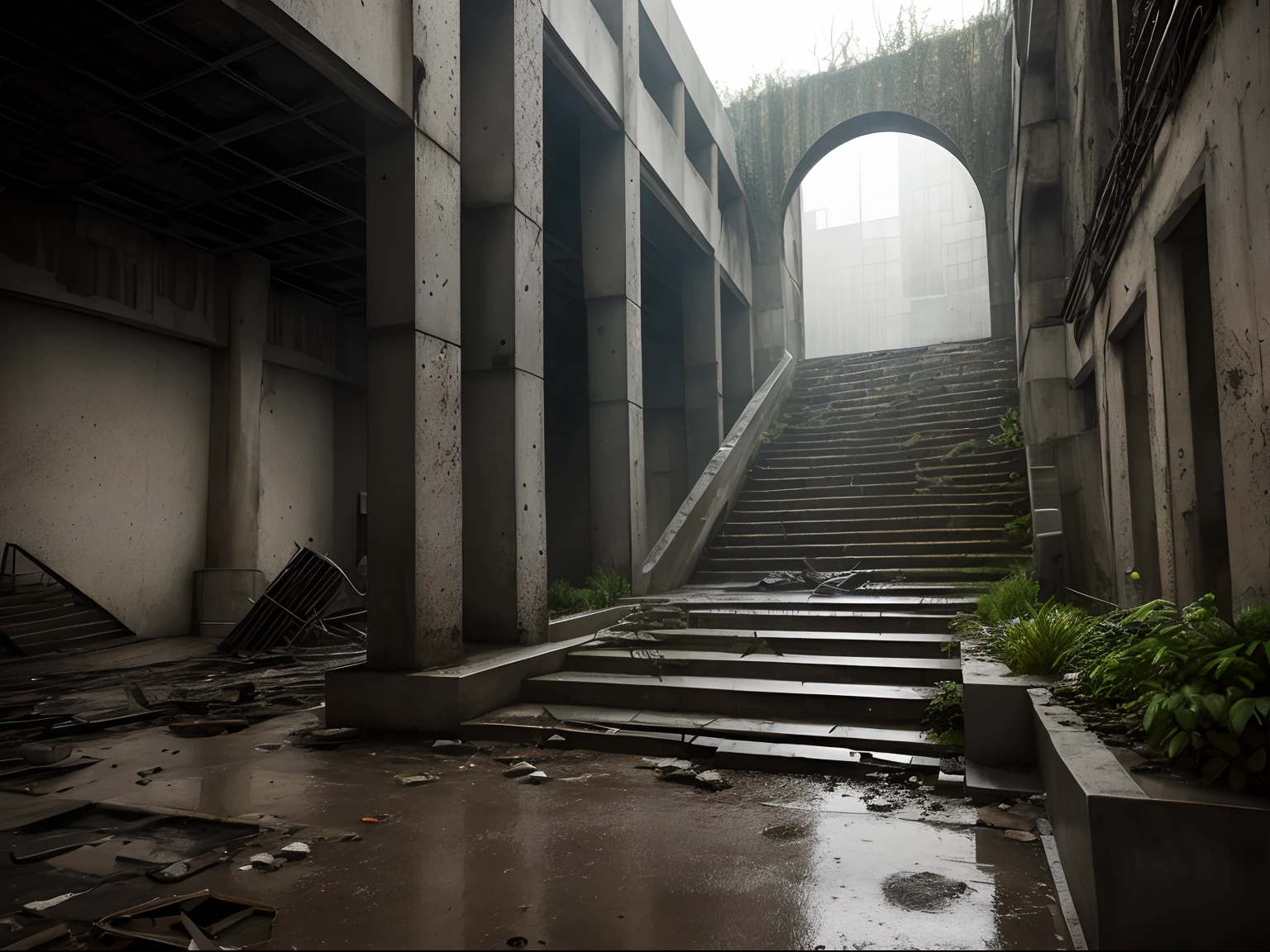 sculptures in a liminal place, gloomy dark ambience, abandoned, backrooms, dirty, brutalist architecture, tension, nostalgic, giant, labyrinth, steps, stairs, dry plants, 4k, HD, destroyed, a fountain, puddles, rusty wires, yellowish walls, columns, debris