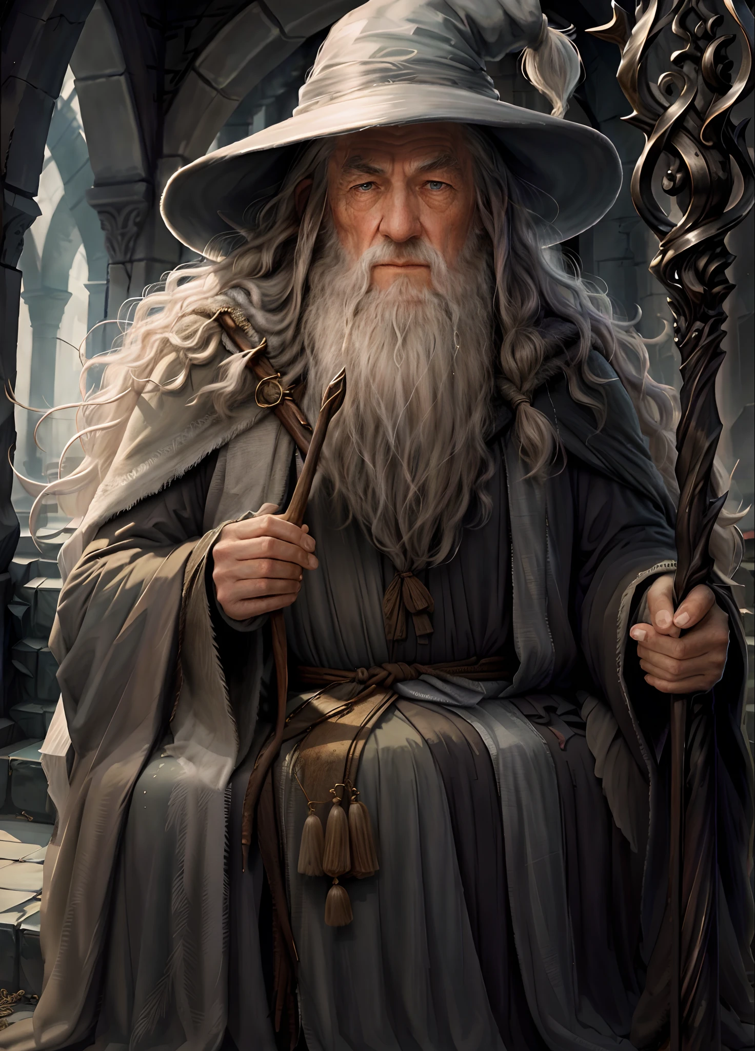 gandalf, wise, Wizard, high contrast, (natural skin texture, hyperrealism, soft light, sharp),