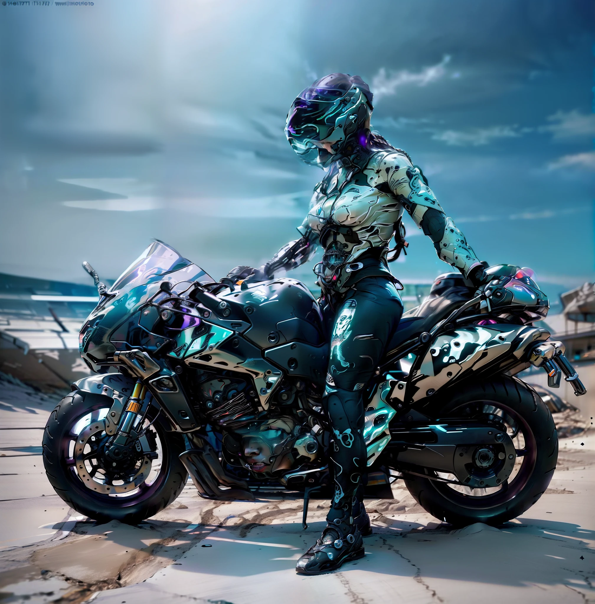 ((La mejor calidad)), ((Obra maestra)), (Detallado: 1.4), (absurdo), Mujer piloto de moto lista para la guerra, Piel brillante, El cuerpo perfecto, defined muscles, muslos desnudos medio gruesos, backboob, perfecto, casco con visera bajada cyberpunk, solo en bragas, Incluye estrellas en la ropa, cuerpo musculoso, covered with technological clothing, Estilo Neon Genesis Evangelion e Honor Impact, Ciberpunk, escote generoso, ((senos grandes perfectos)), (casco cyberpunk ), ((Ropa solo en colores blanco y rojo)), (((trenzas mohawk morado y rosa en el casco)))), (tiras finas, cubriendo el pecho), (Psychedelic tattoo on arms), ((Dibujos de circuitos)), Ropa interior corta, liguero, autor: volar, niji --V5, cerca de lo real, psycho, pose sexy, fondo con una cabeza de robot gigante estilo Gundam, Ropa de 2 piezas, hombreras fractales, tonos pastel, centrado, escala para ajustarse a las dimensiones, HDR (High Dymanic Range),Trazado de rayos,NVIDIA RTX,extra high resolution,Irreal 5,Subsurface dispersion, Textura PBR, postprocesado, Anisotropic filtering, Profundidad de campo, Maximum clarity and sharpness, Texturas multicapa, Albedo y mapas especulares, Sombreado de superficies, Accurate simulation of light-material interaction, perfectamente proporcionado, Renderizado de octanaje, duotone lighting, Amplia apertura, ISO bajo, balance de blancos, La regla de los tercios, 8K RAW, crysisnanosuit