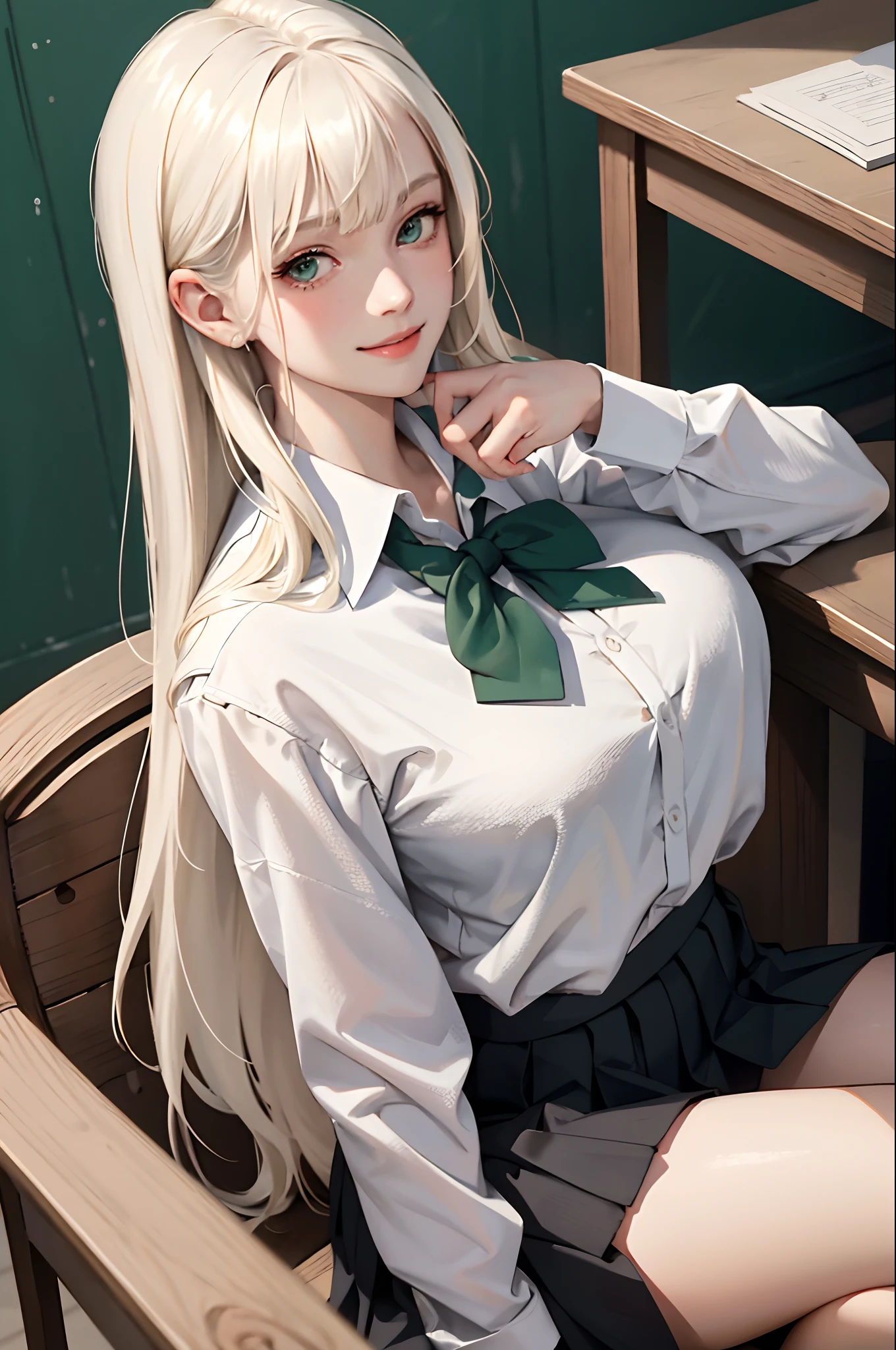 (masterpiece:1.2, best quality), (real picture, intricate details), 1lady, solo, upper body, casual, long hair, minimal makeup, natural fabrics, close-up face, smile, home, long light platinum blonde hair, bangs, green eyes, big breasts, school unform, school skirt, school shirt, school setting, sitting down.