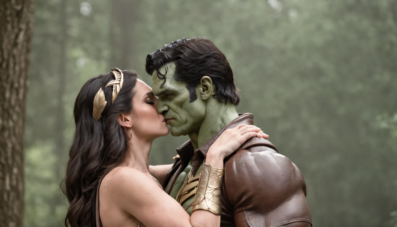 "Amazing Hulk kissing Wonder Woman in a full-body scene".