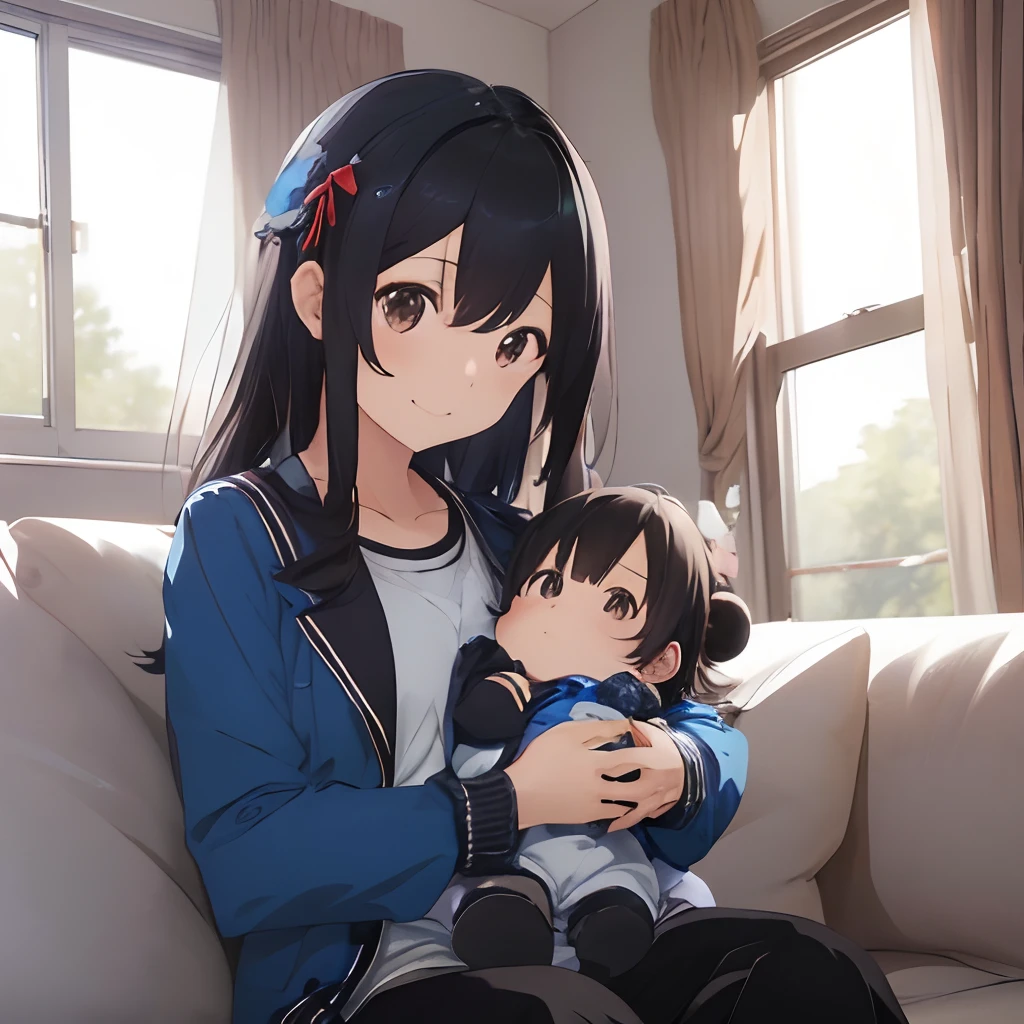 (masutepiece, Best Quality, Capture super cute moments, depth of fields, ultra-detailliert, Ultra High Resolution, C4D, Octadale, 3D Modeling, 8K, one girls、25-years old、A dark-haired、straight haired、Light brown eyes,hair adornments、Blue jacket、Black pants、(ssmile)、(Holding a )、(Being in the living room)、(Sit on the sofa)、Babyying with stuffed bear in front of mom