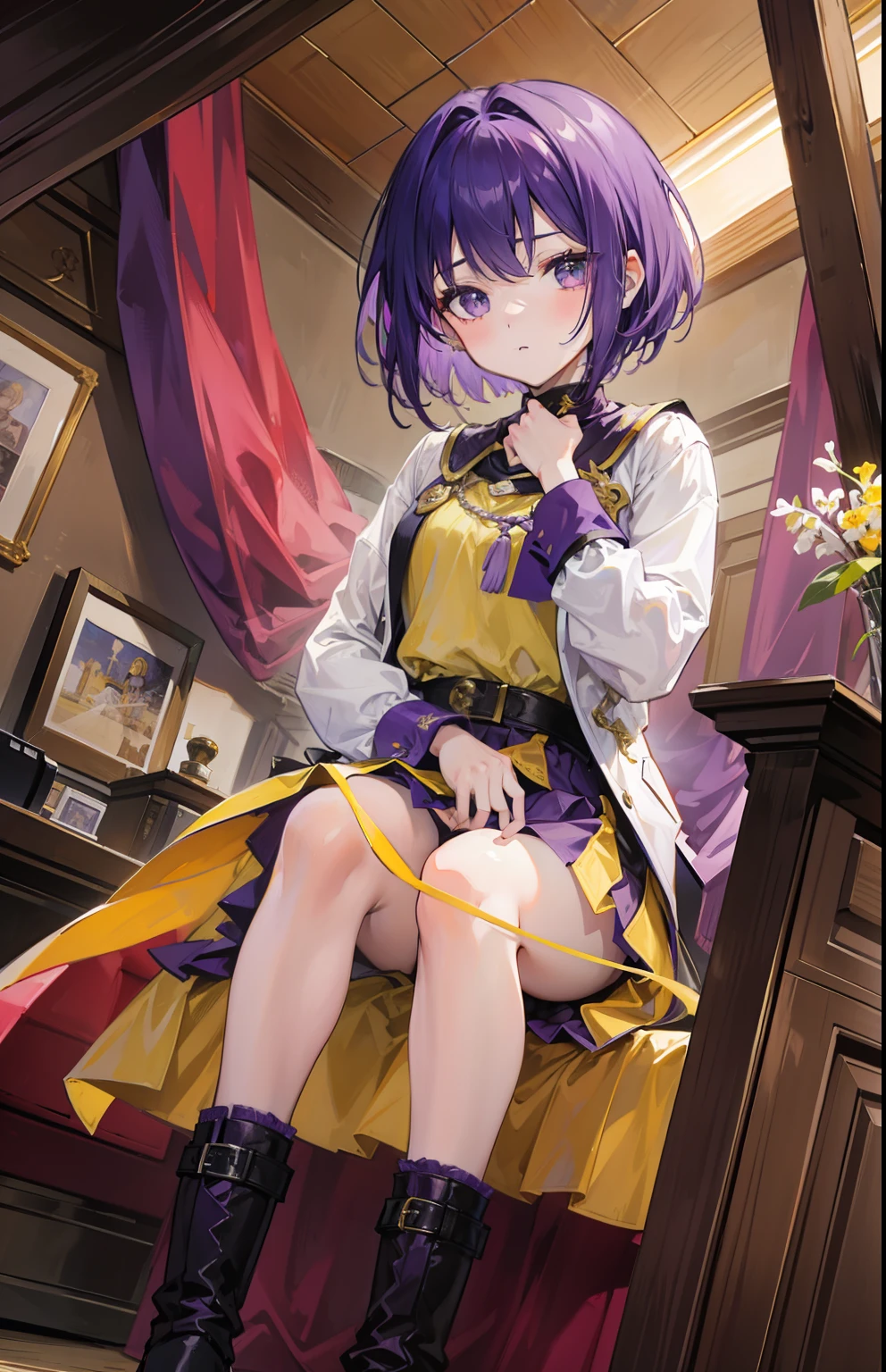 (Highest quality:1.1), (masterpiece:1.4), (Absurd:1.0),
One Girl, Lucca、Chrono Trigger、Purple Hair、Short Hair、Medium chest、Looking at the audience、Bedroom、(blush:1.2)、Embarrassed expression、((pantyhose))、((Knitted dress))、((sit))、